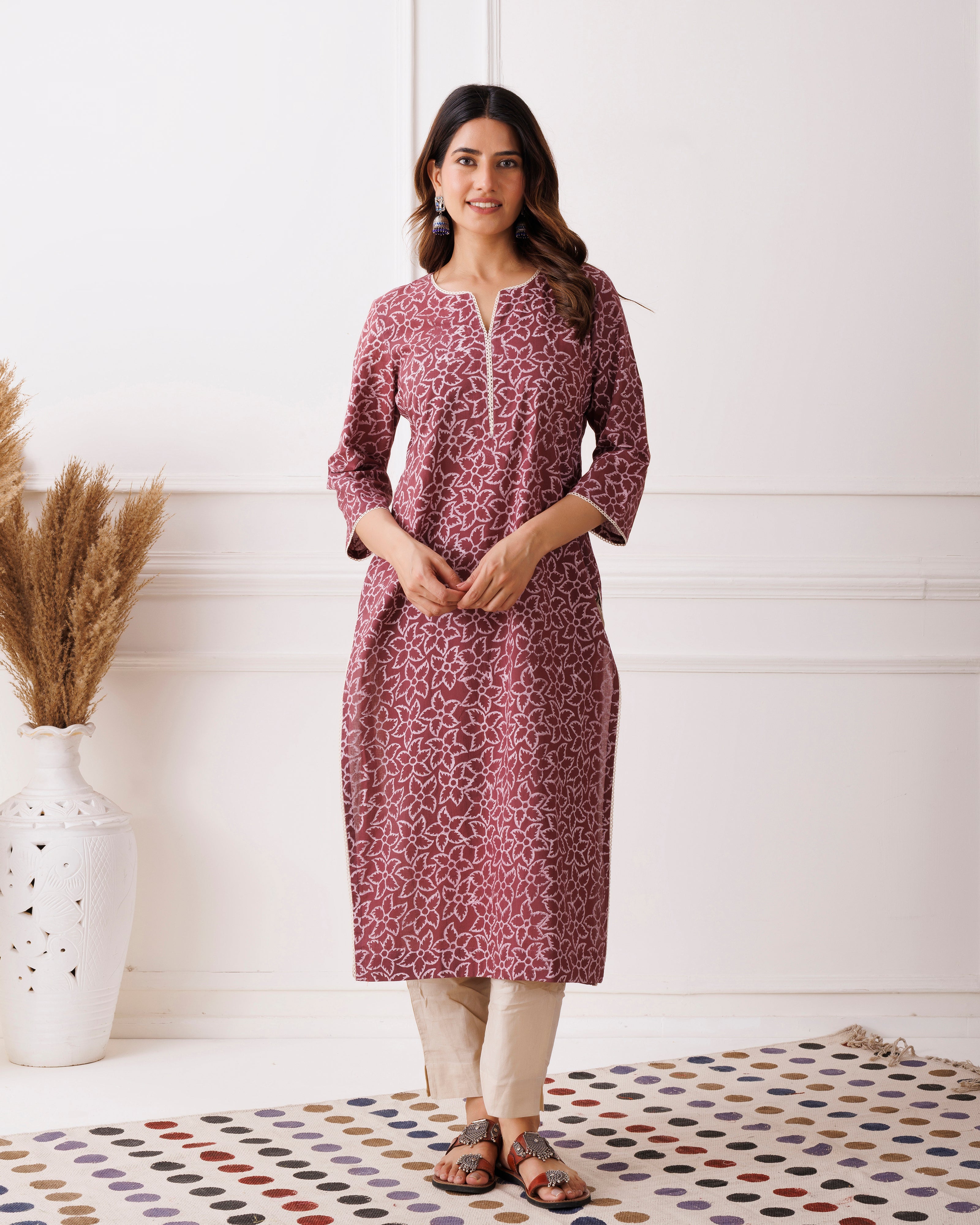 Wine Hand Block Printed Cotton Kurti