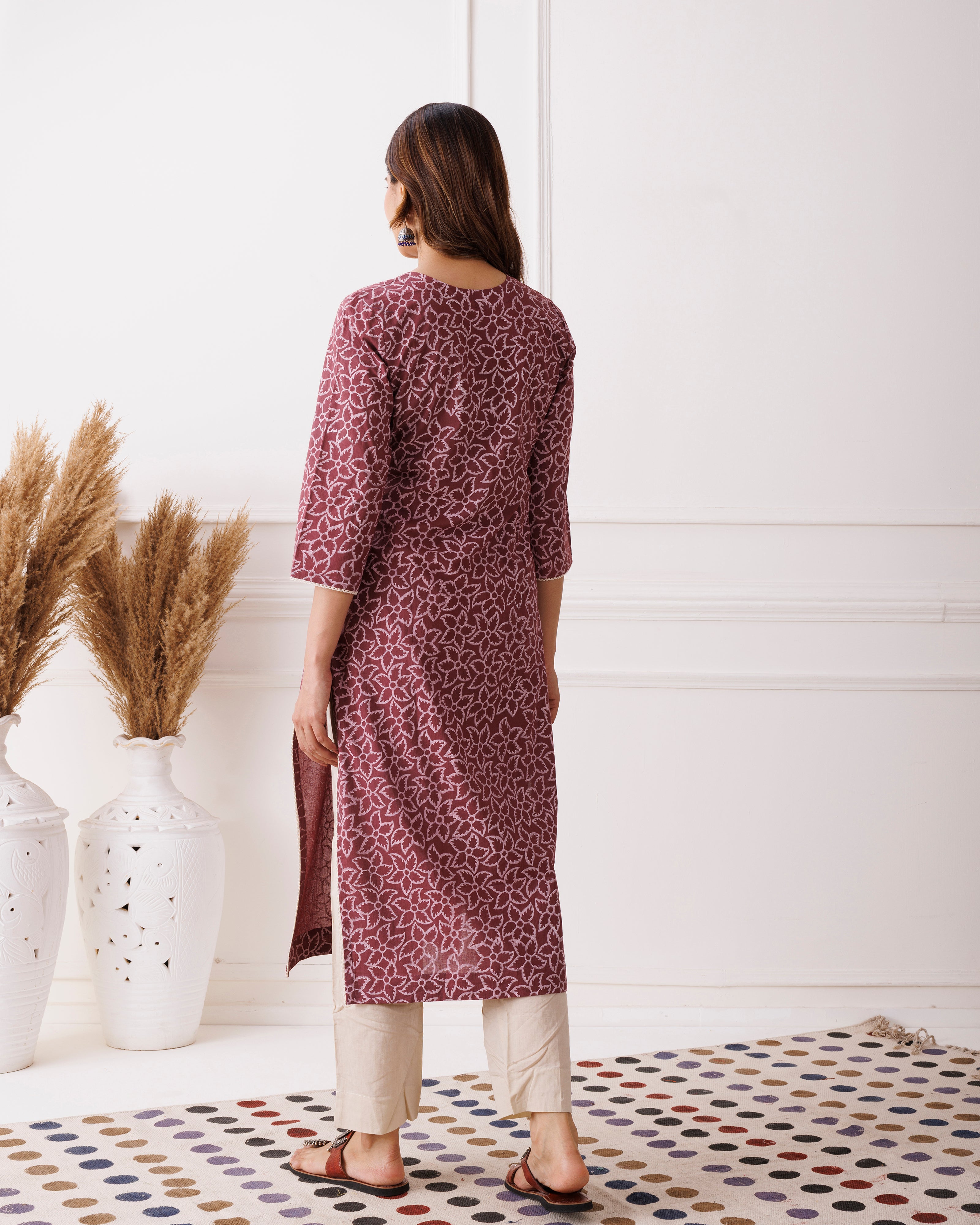 Wine Hand Block Printed Cotton Kurti