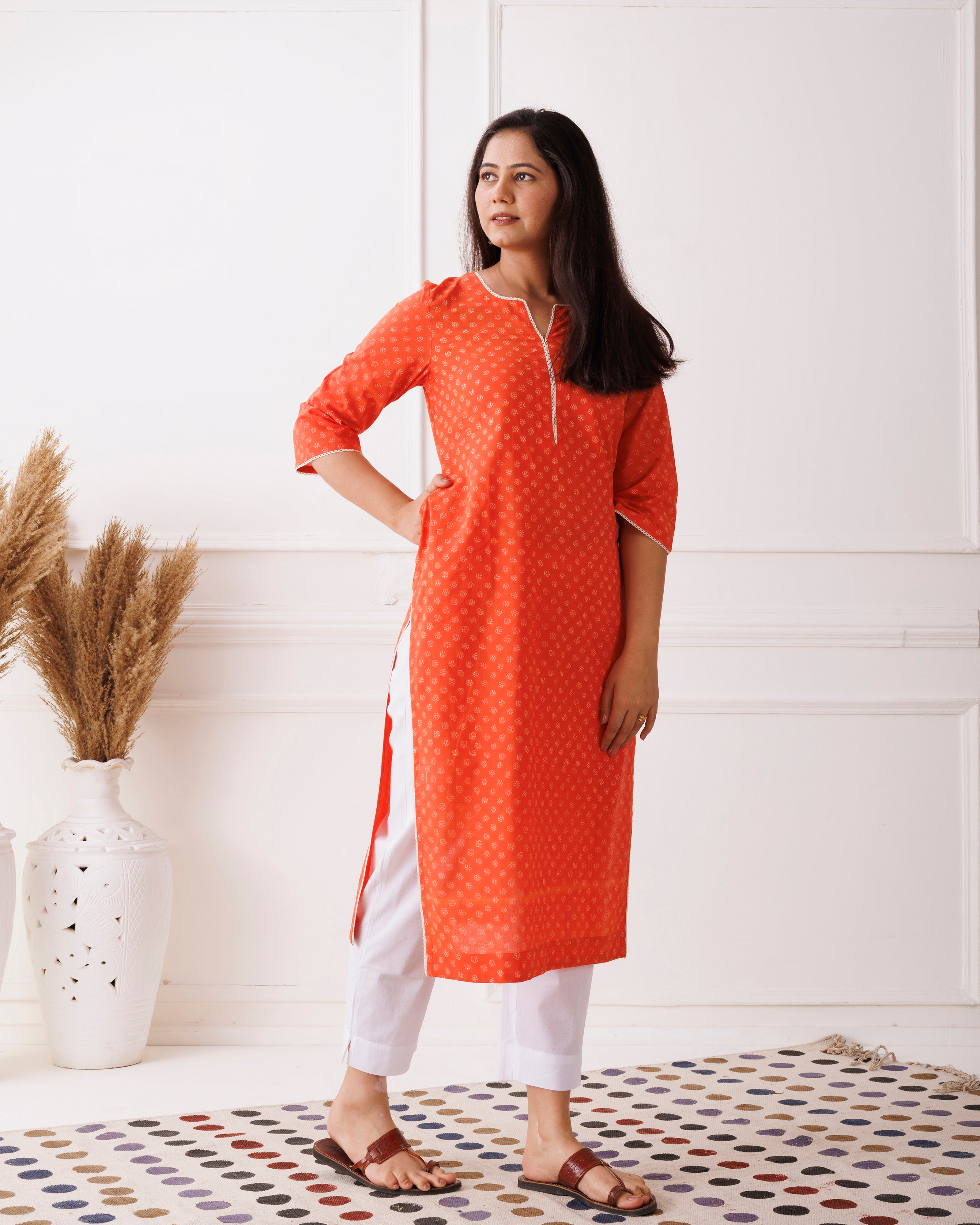 Orange Floral Handblock Printed Cotton Kurti