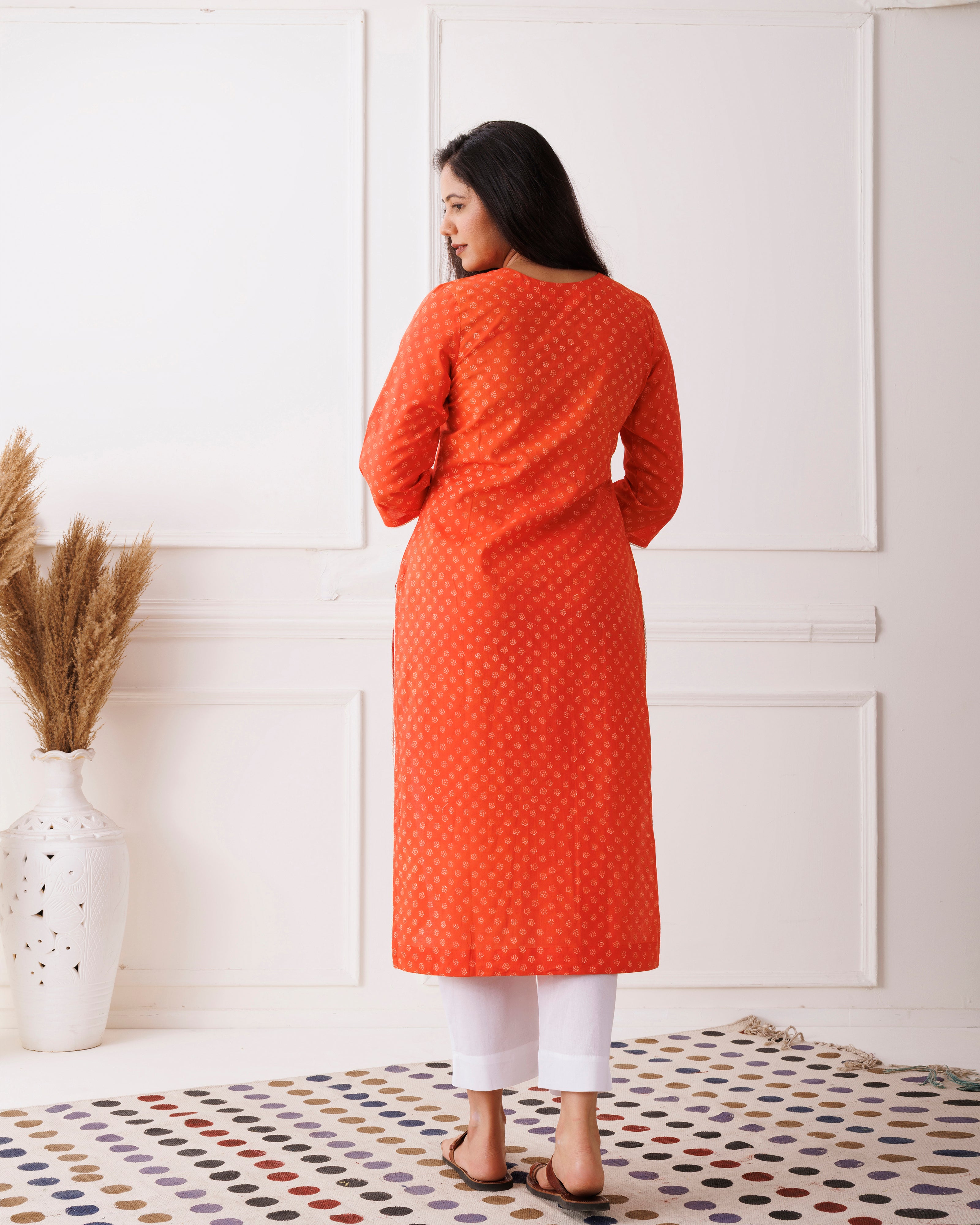 Orange Floral Handblock Printed Cotton Kurti
