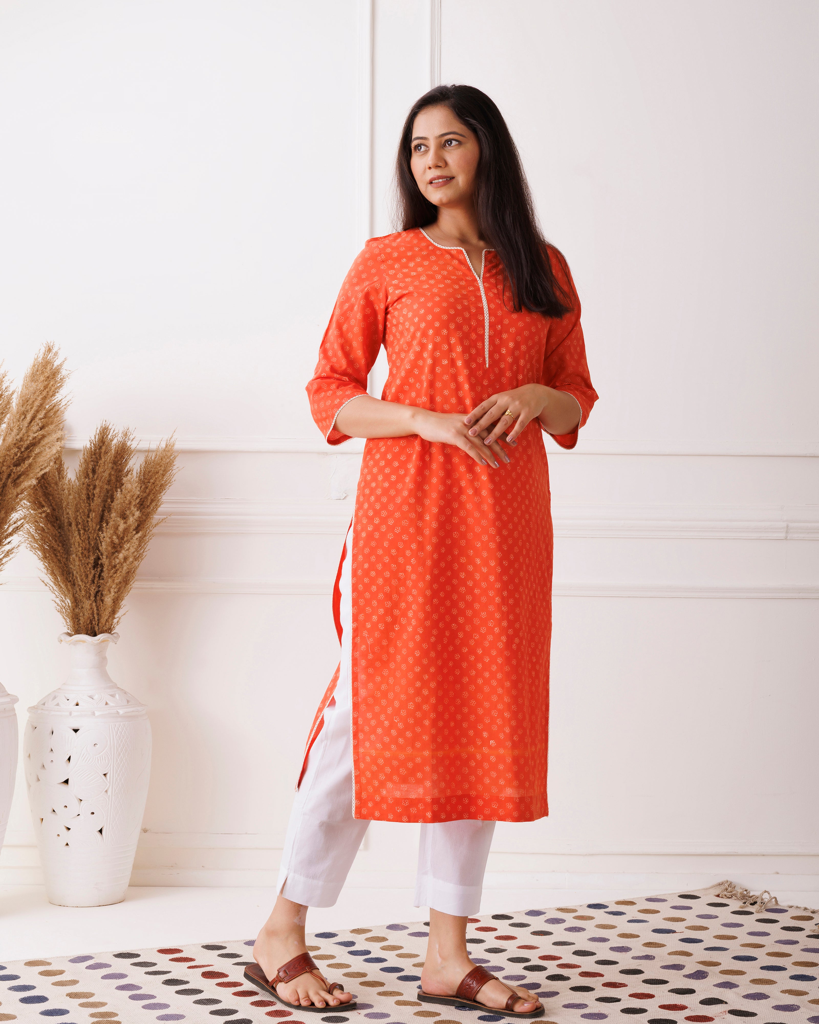 Orange Floral Handblock Printed Cotton Kurti