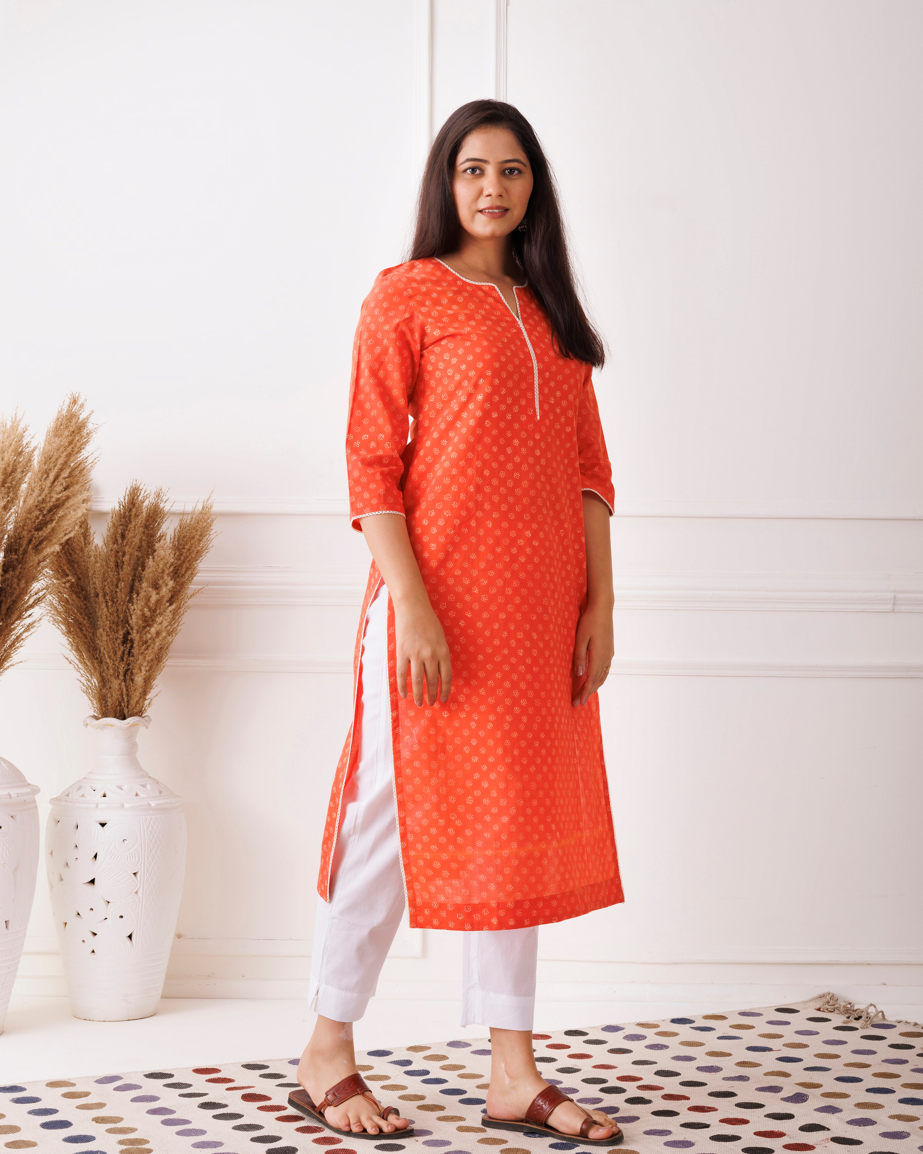 Orange Floral Handblock Printed Cotton Kurti
