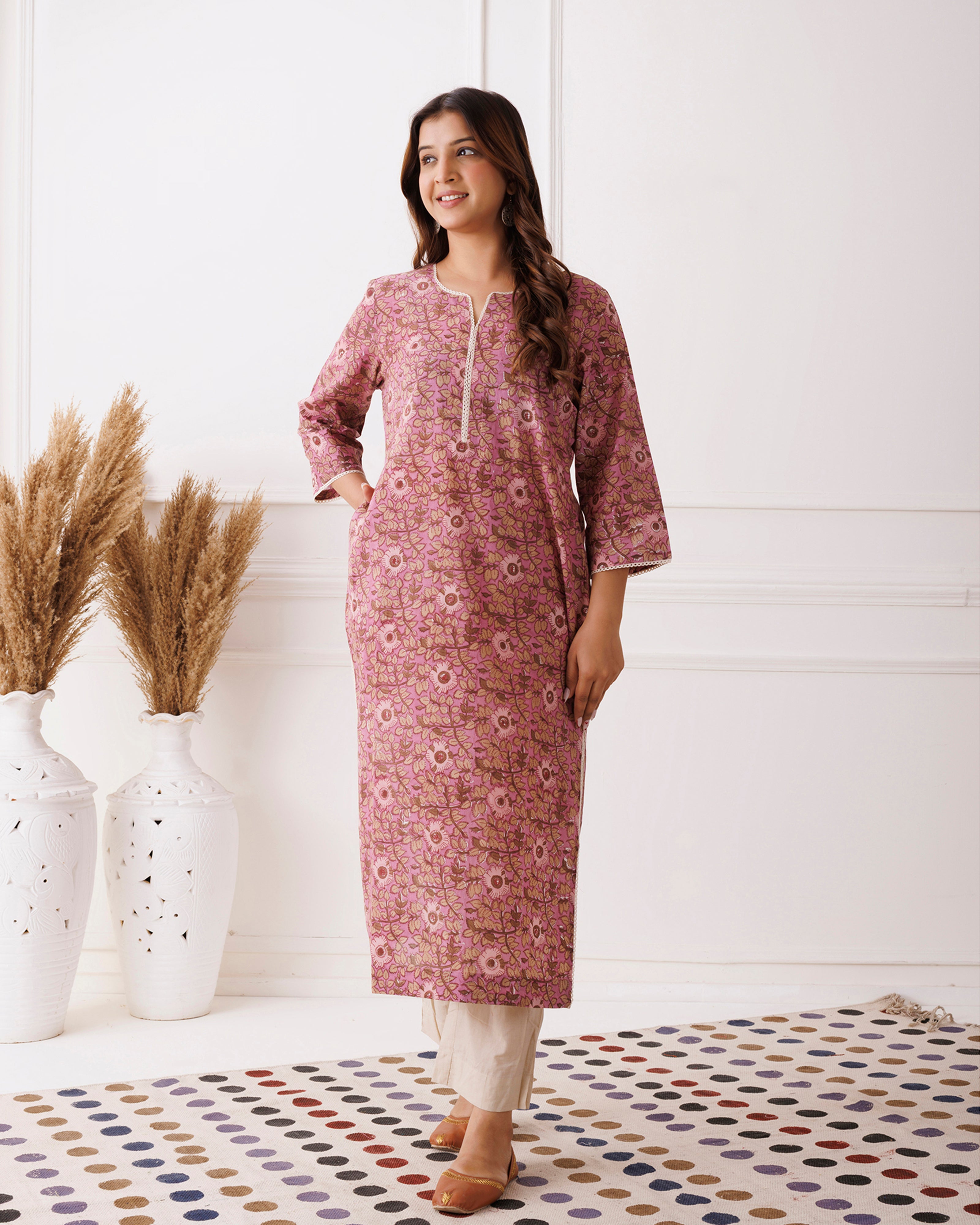 Purple Floral Handblock Printed Cotton Kurti