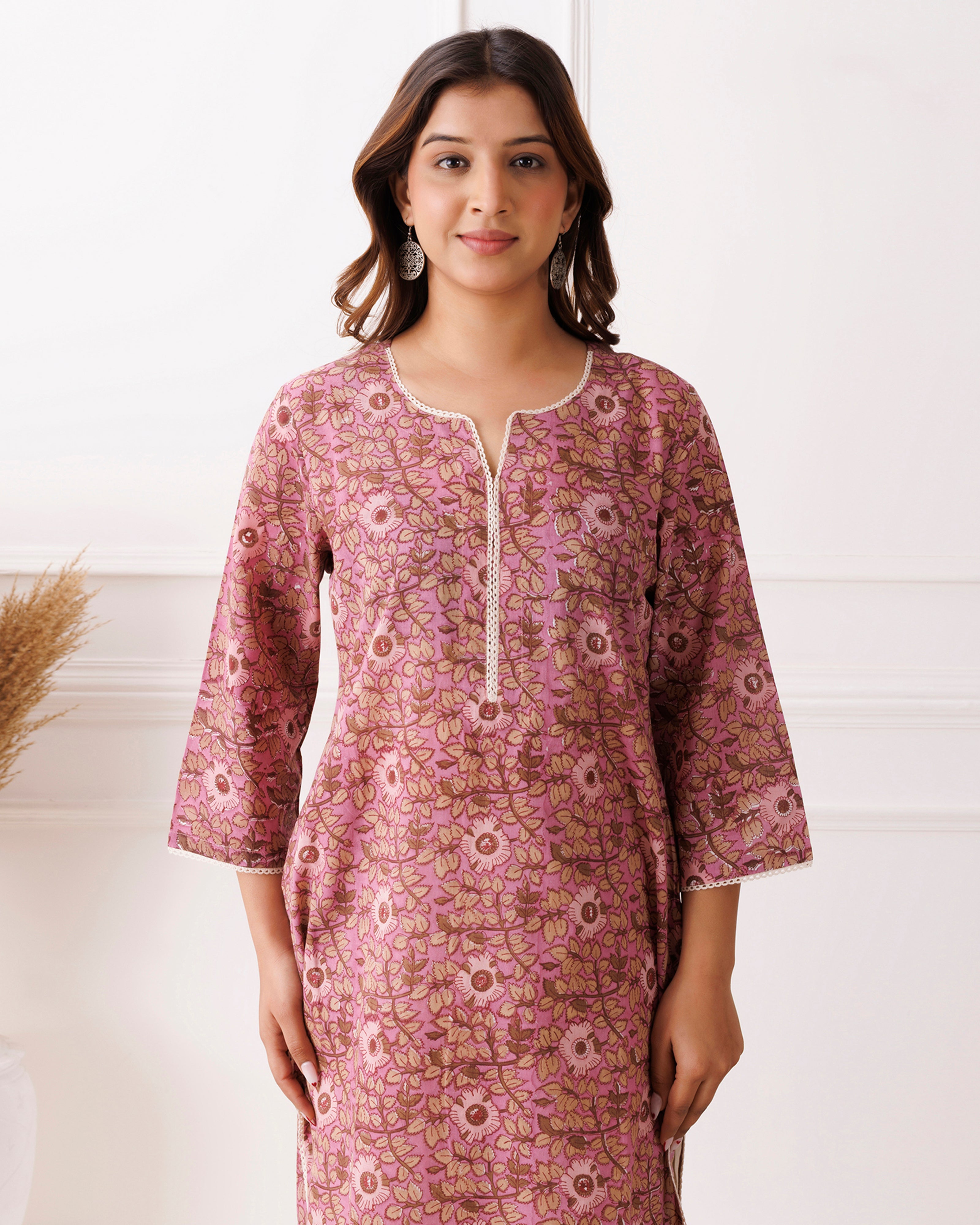 Purple Floral Handblock Printed Cotton Kurti