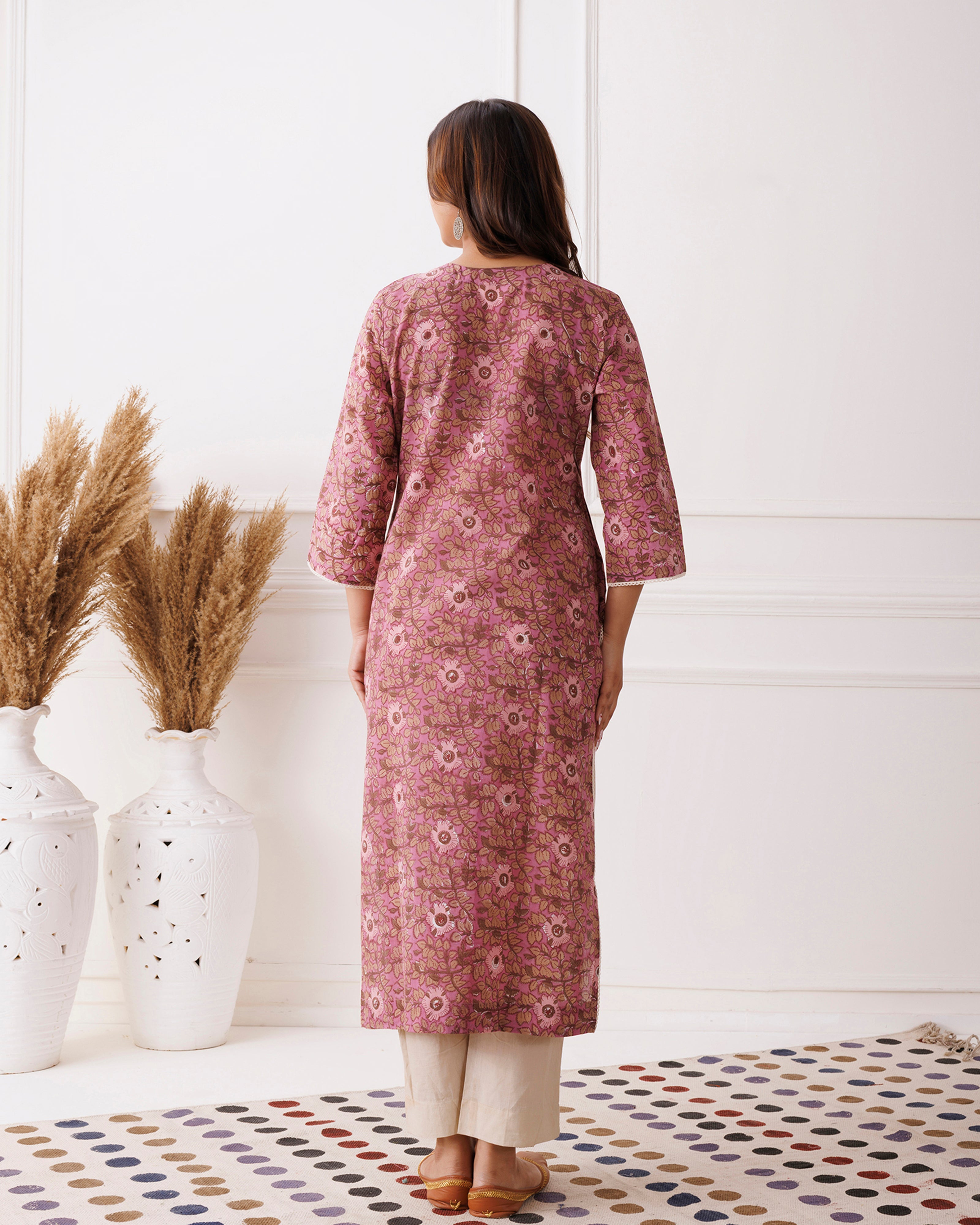 Purple Floral Handblock Printed Cotton Kurti