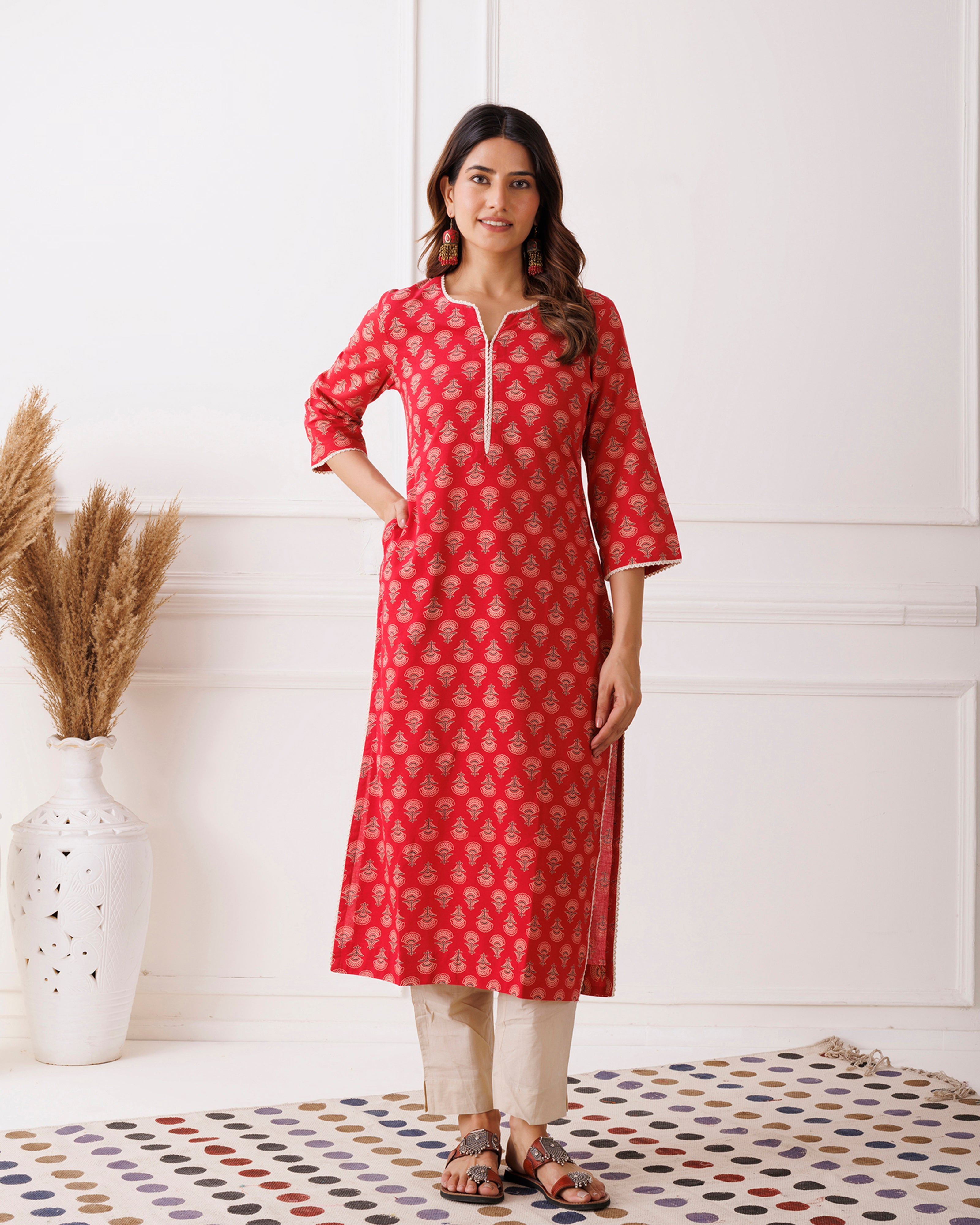 Red Traditional Handblock Printed Cotton Kurti
