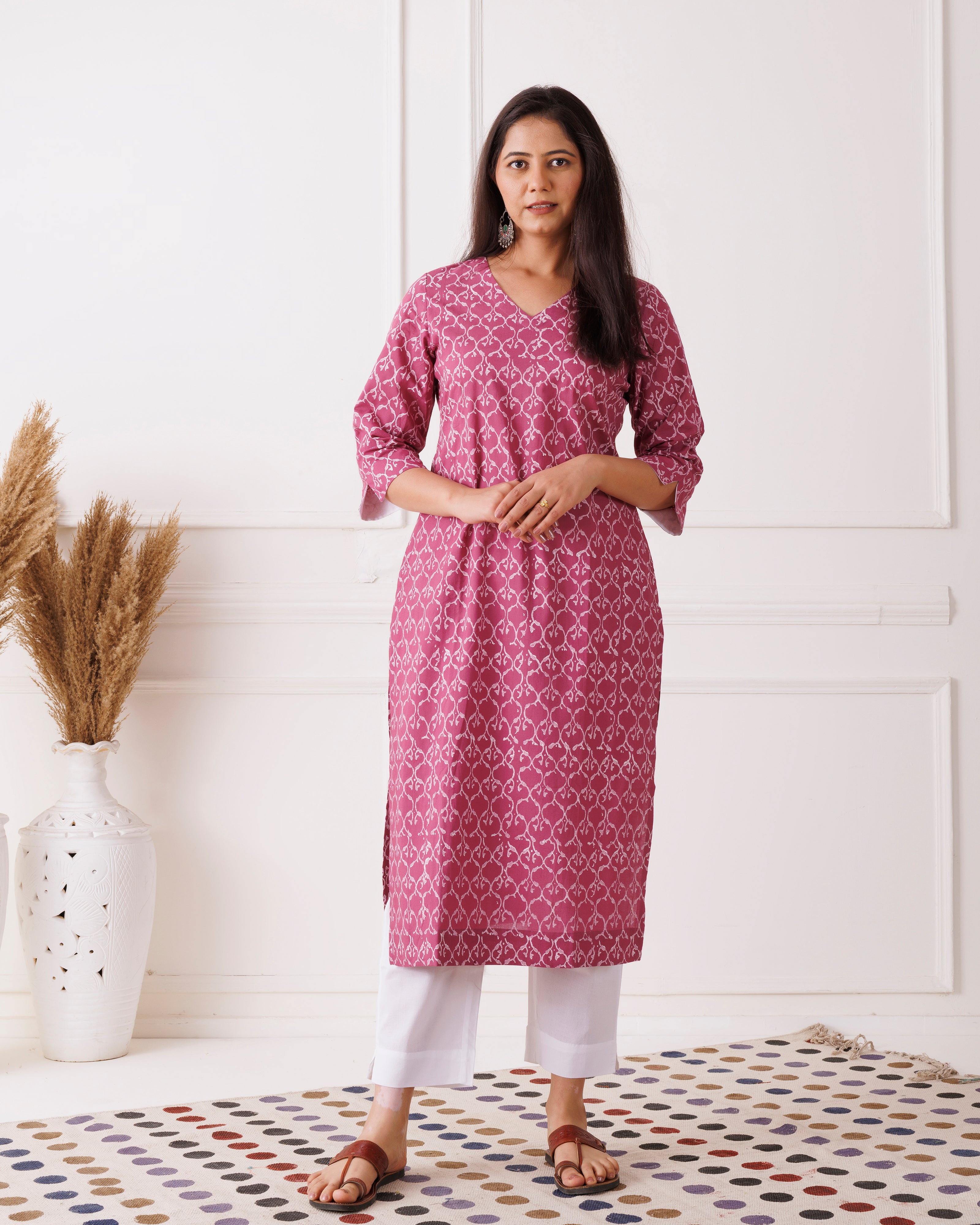 Blush Pink Gathered Handblock Printed Cotton Kurti