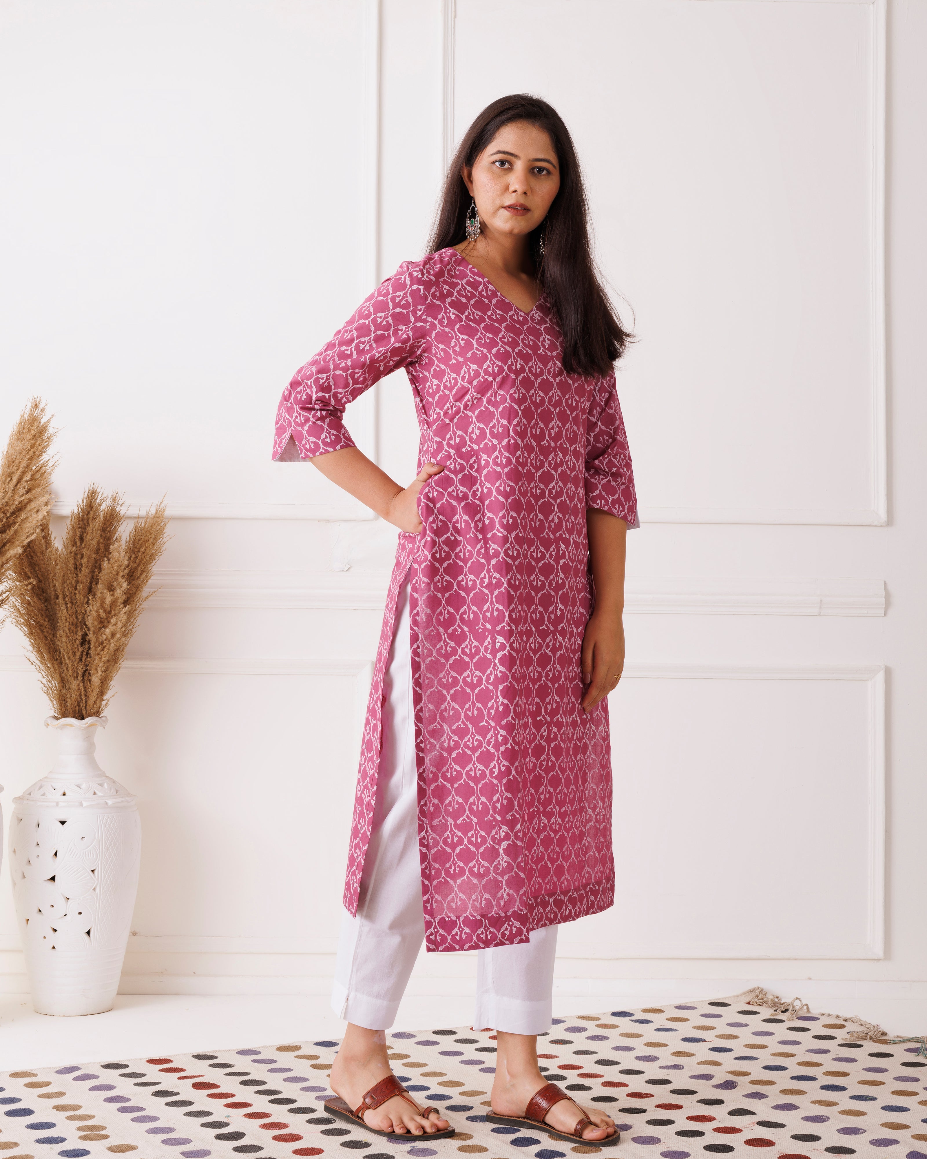 Blush Pink Gathered Handblock Printed Cotton Kurti