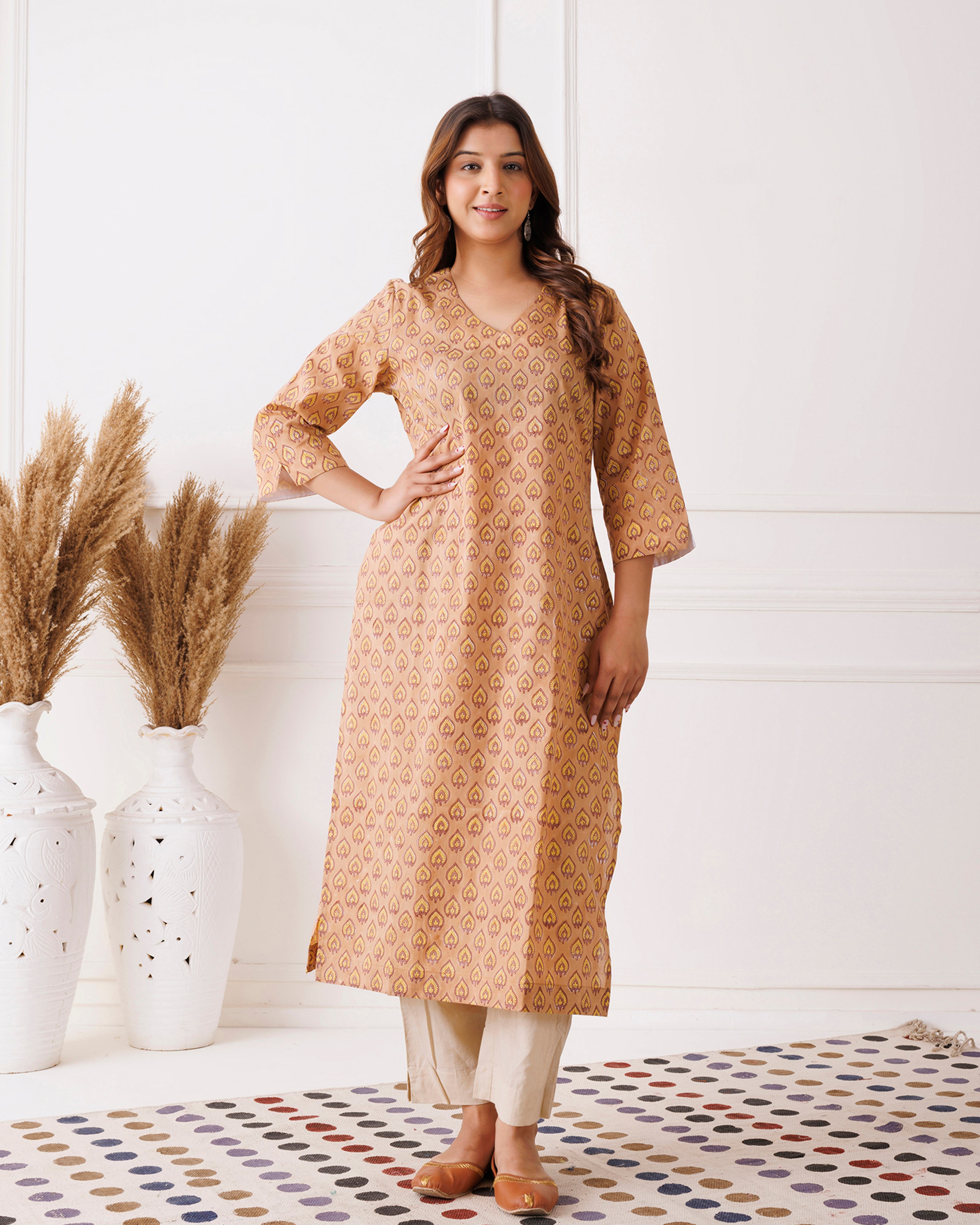 Beige Handblock Printed Mustard Cotton Kurti