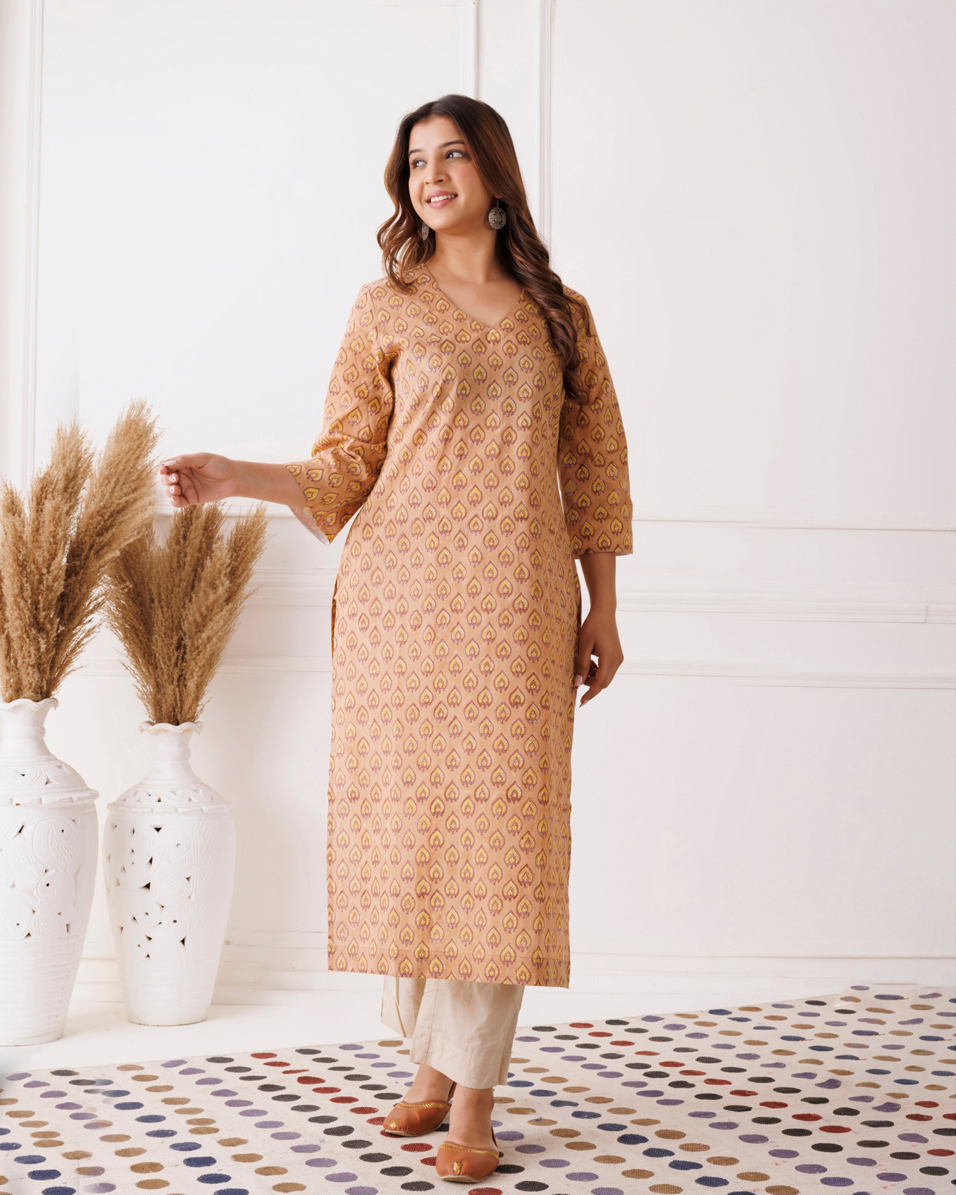 Beige Handblock Printed Mustard Cotton Kurti