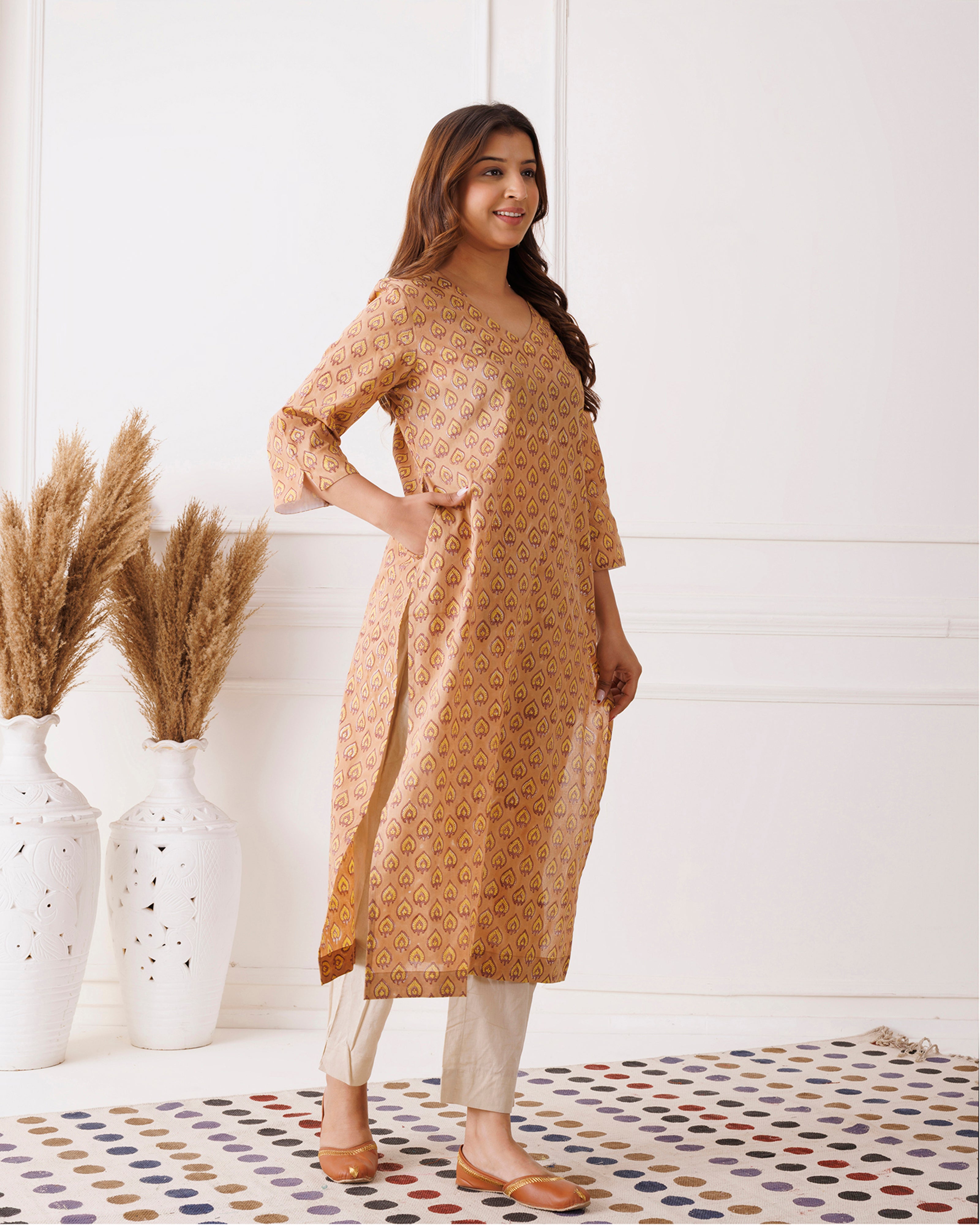 Beige Handblock Printed Mustard Cotton Kurti