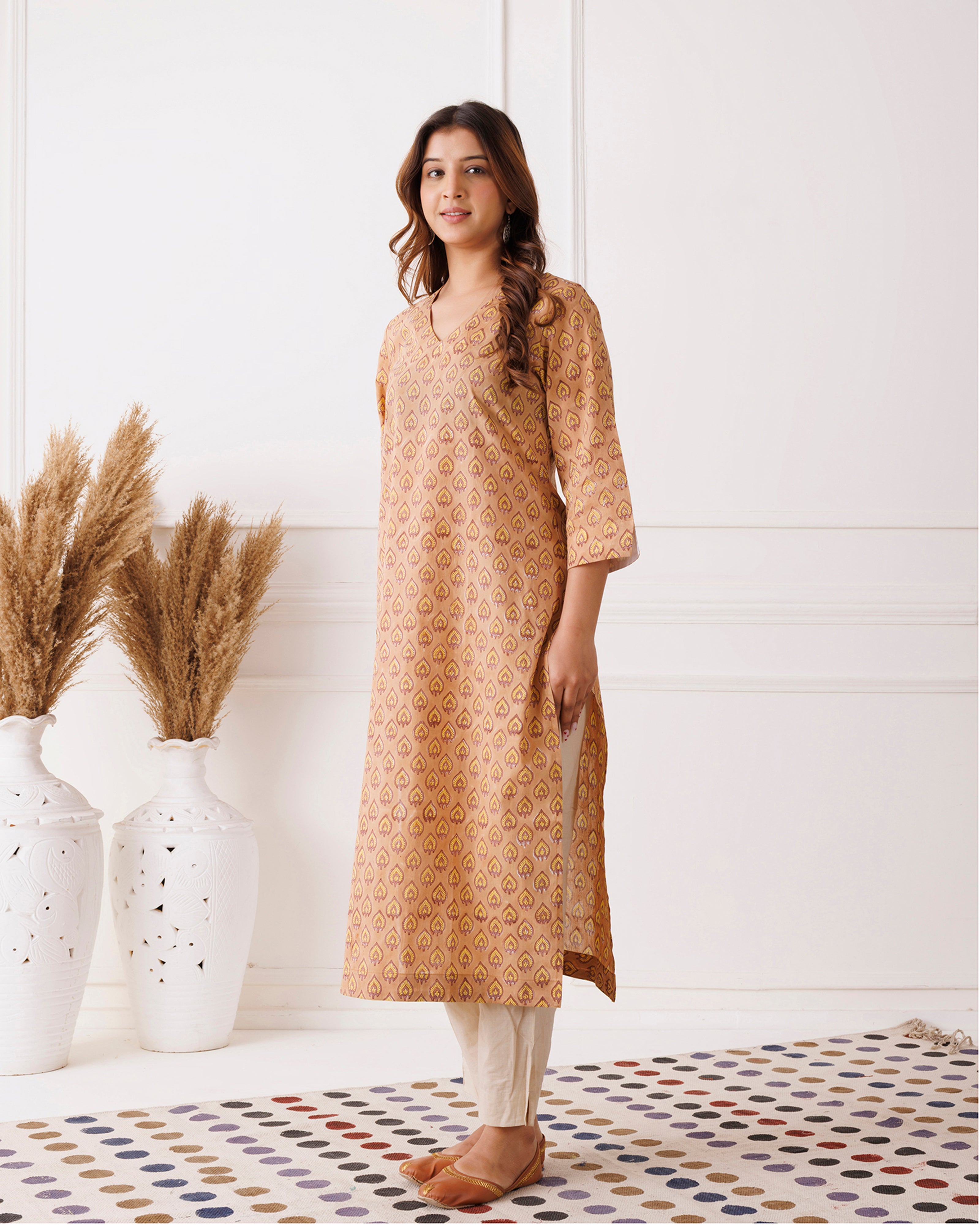 Beige Handblock Printed Mustard Cotton Kurti