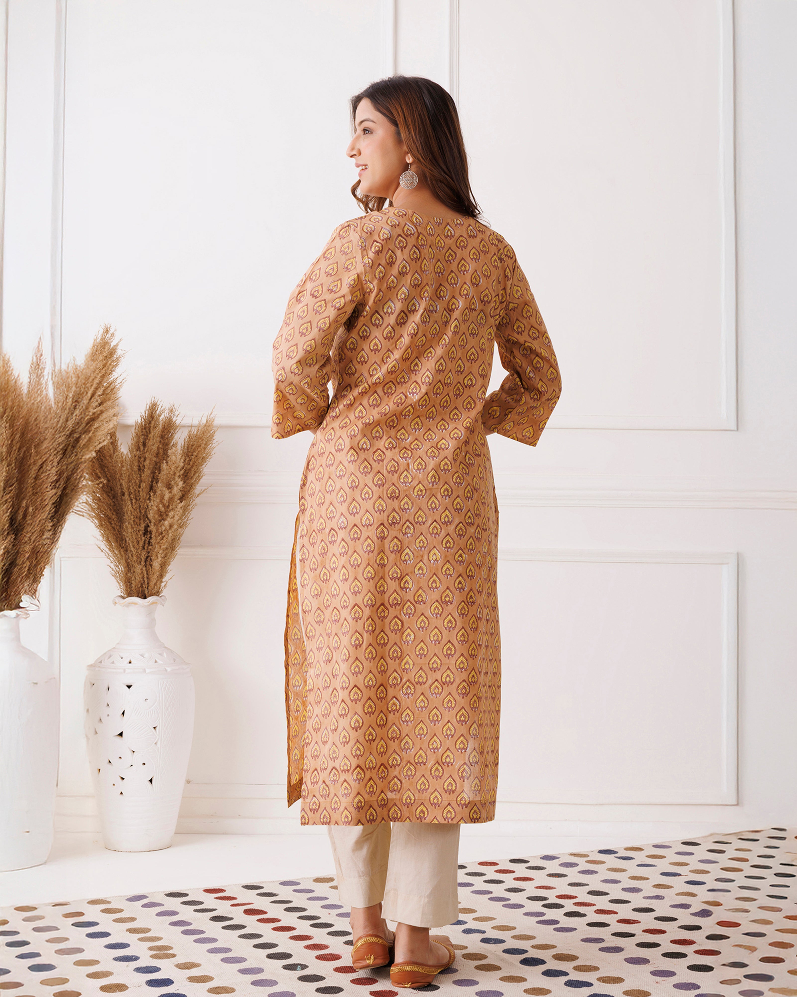 Beige Handblock Printed Mustard Cotton Kurti