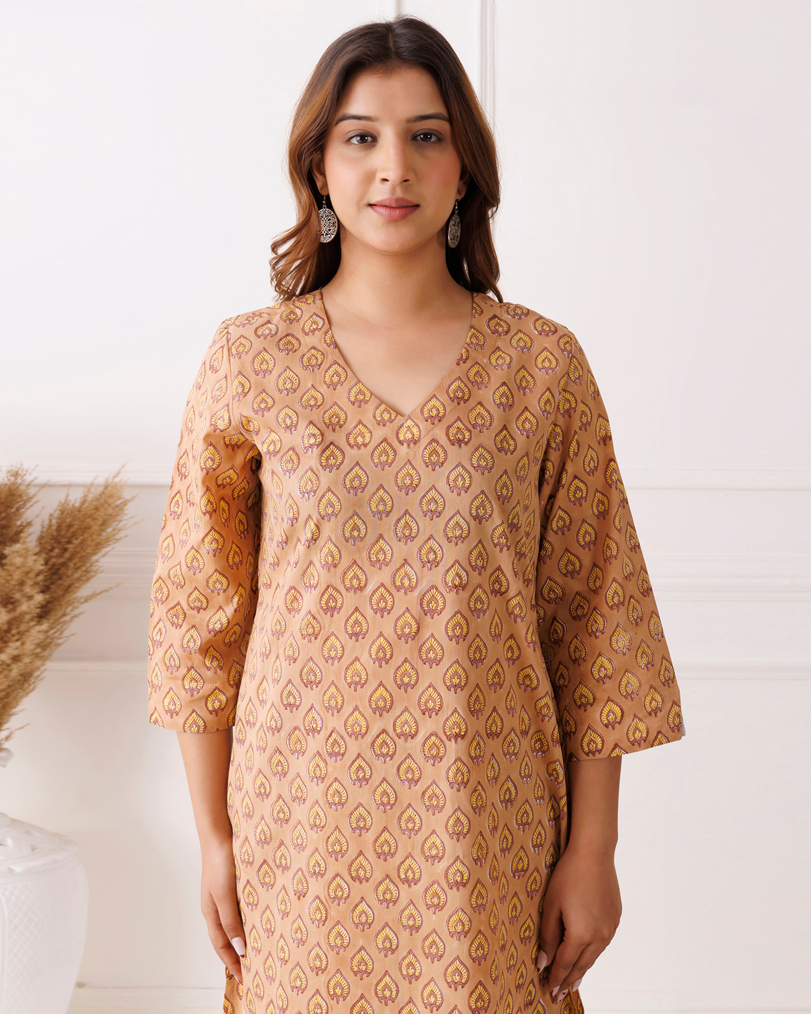 Beige Handblock Printed Mustard Cotton Kurti