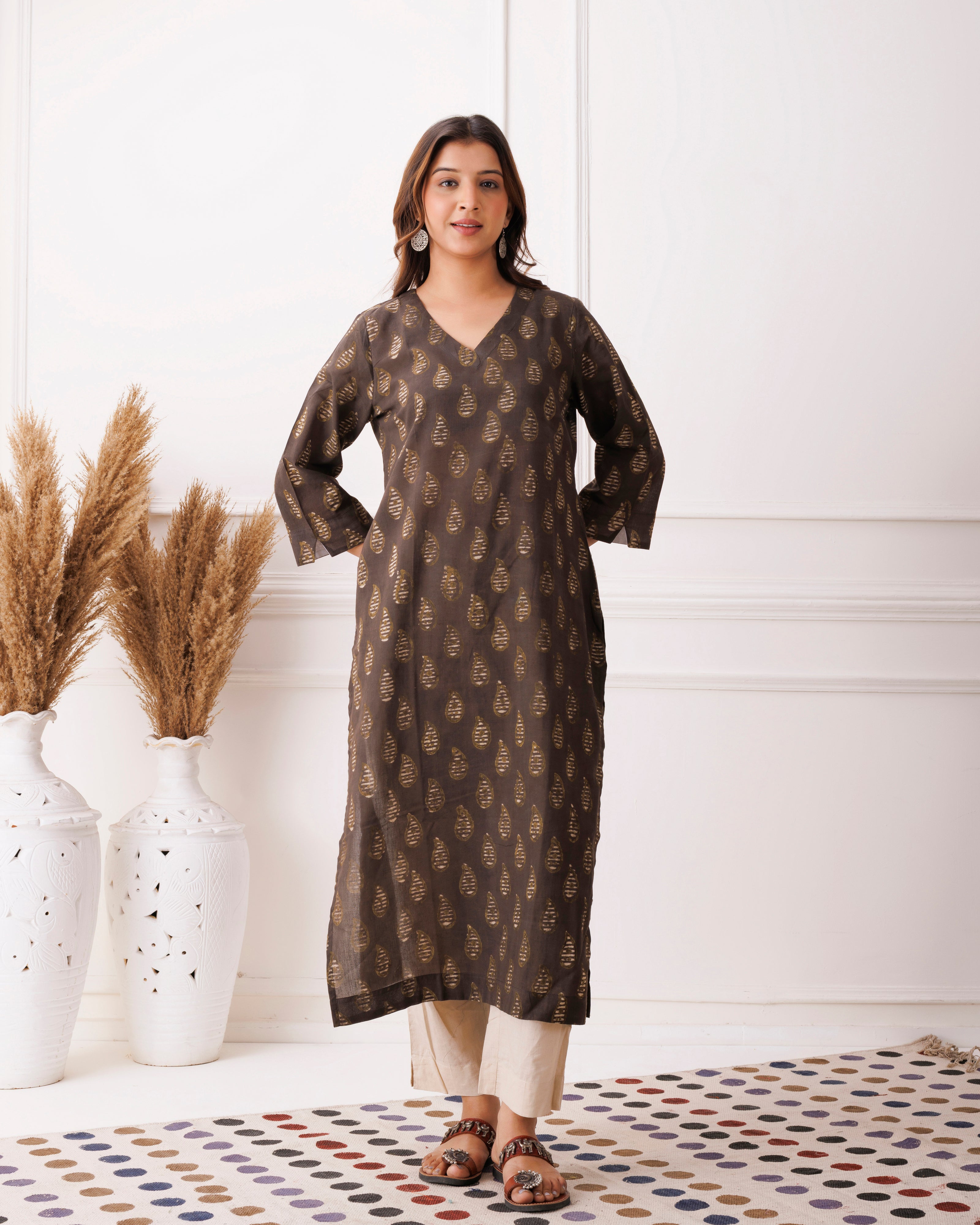 Coffee Brwon Gold Leaf Handblock Printed Cotton Kurti