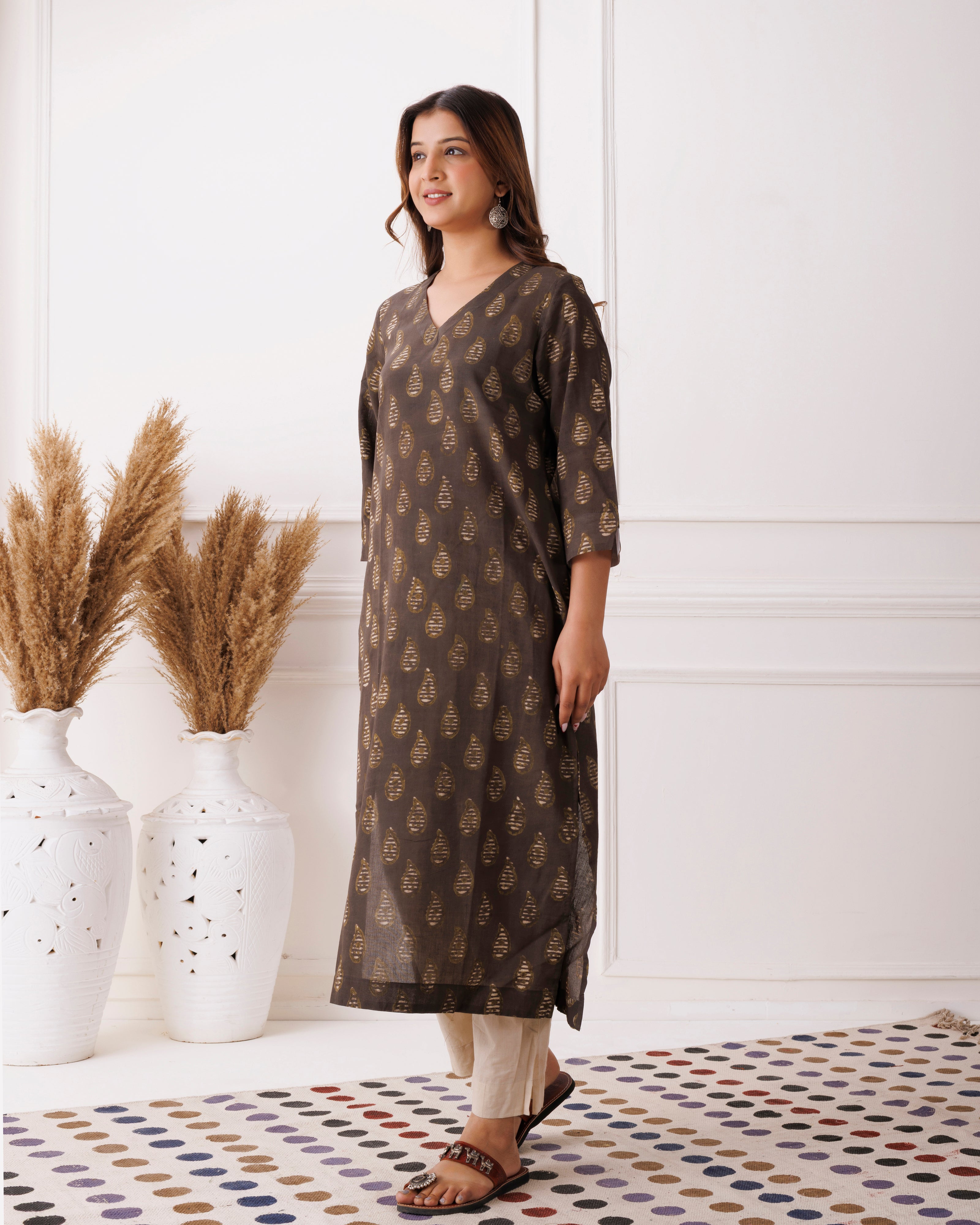 Coffee Brwon Gold Leaf Handblock Printed Cotton Kurti