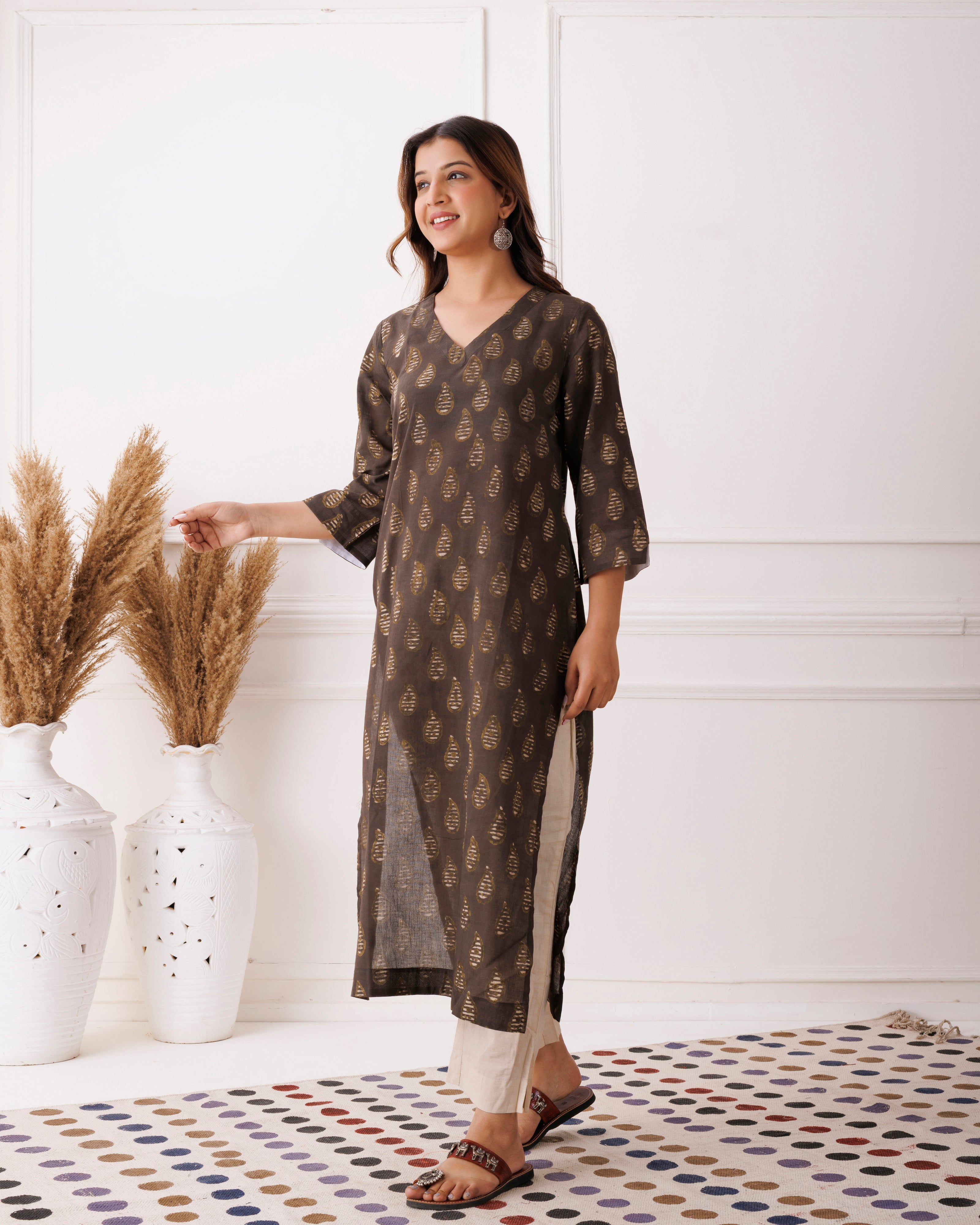 Coffee Brwon Gold Leaf Handblock Printed Cotton Kurti