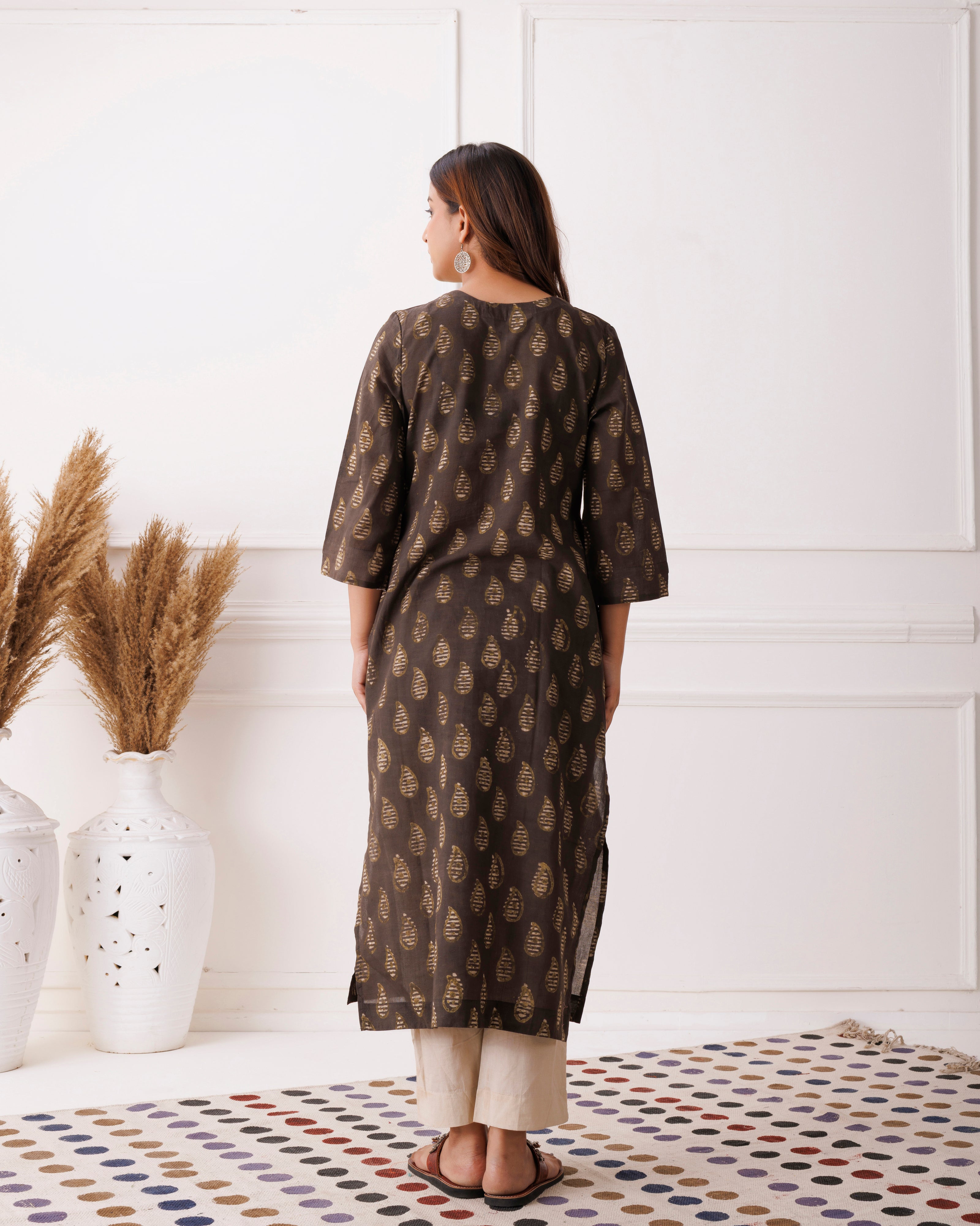 Coffee Brwon Gold Leaf Handblock Printed Cotton Kurti