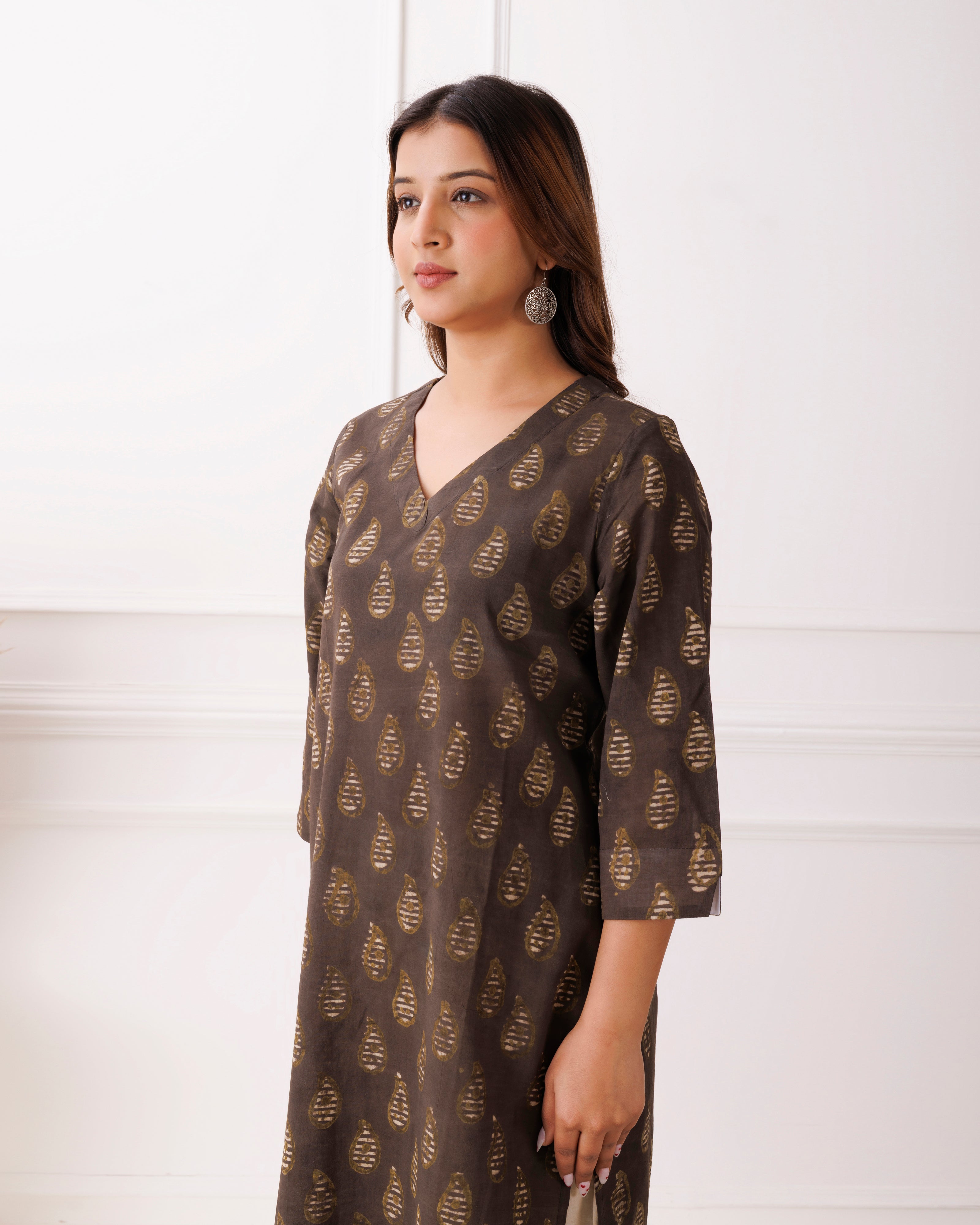 Coffee Brwon Gold Leaf Handblock Printed Cotton Kurti