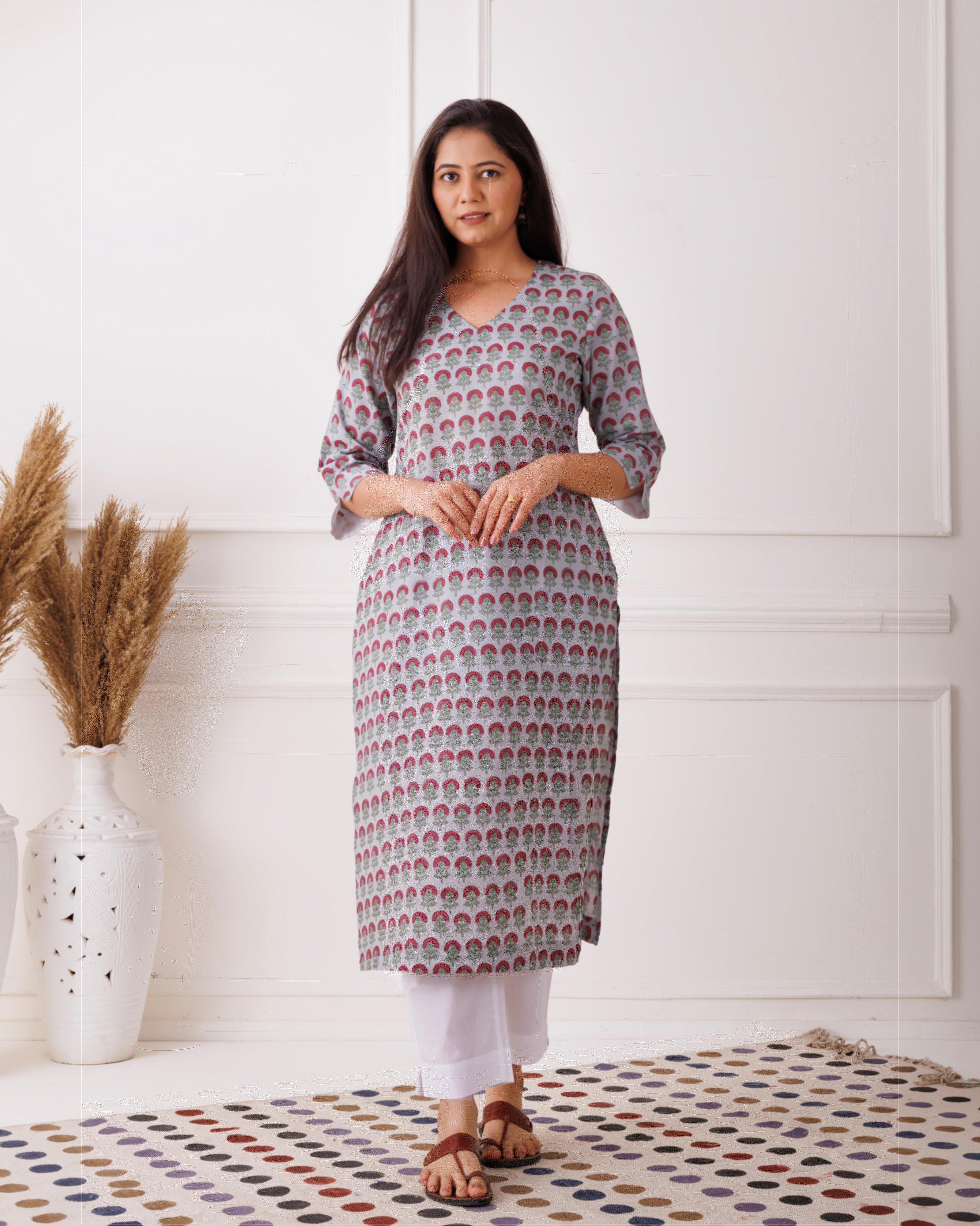 Gray Handblock Printed Red Boota Cotton Kurti