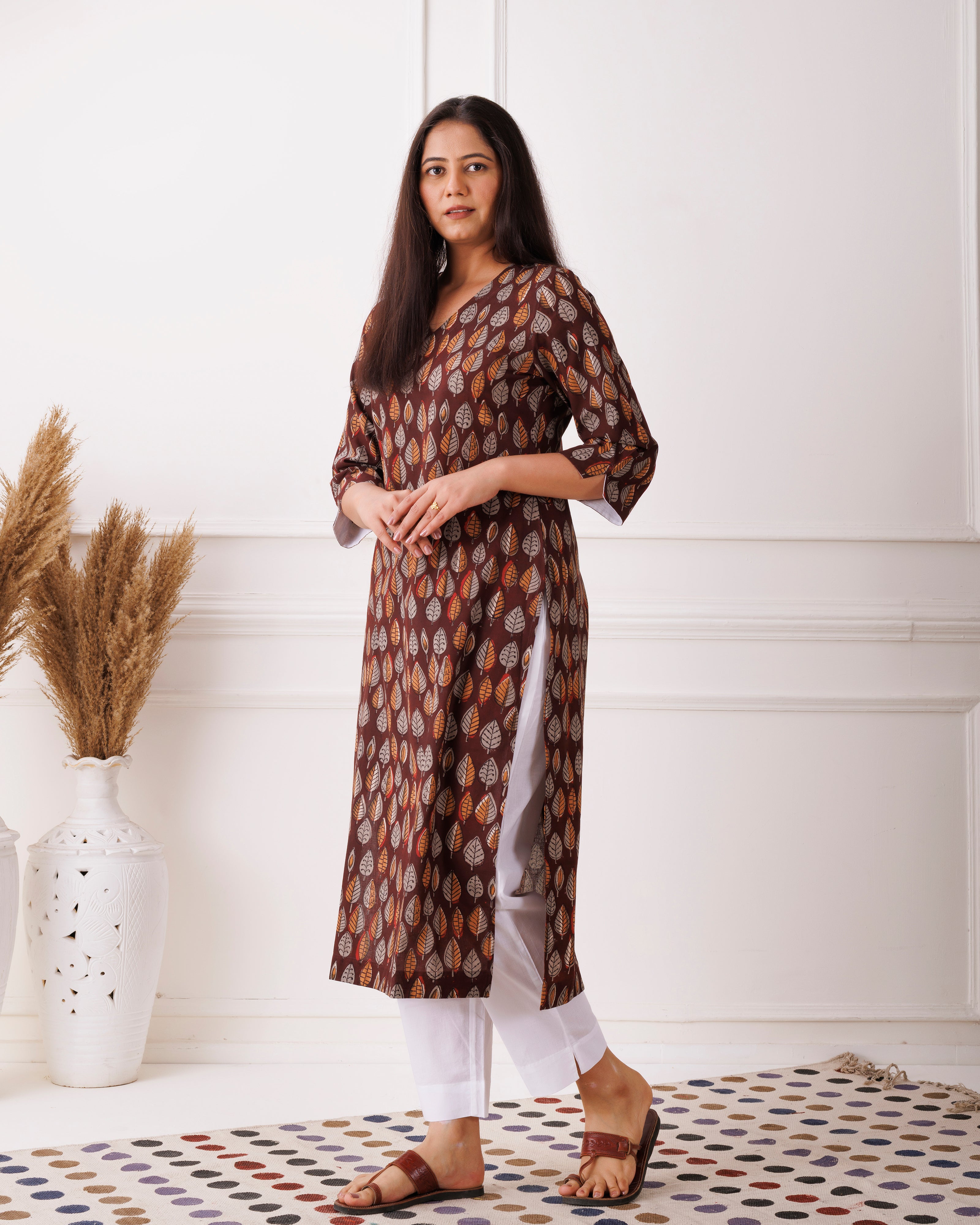 Dark Brown Leaf Handblock Printed Cotton Kurti