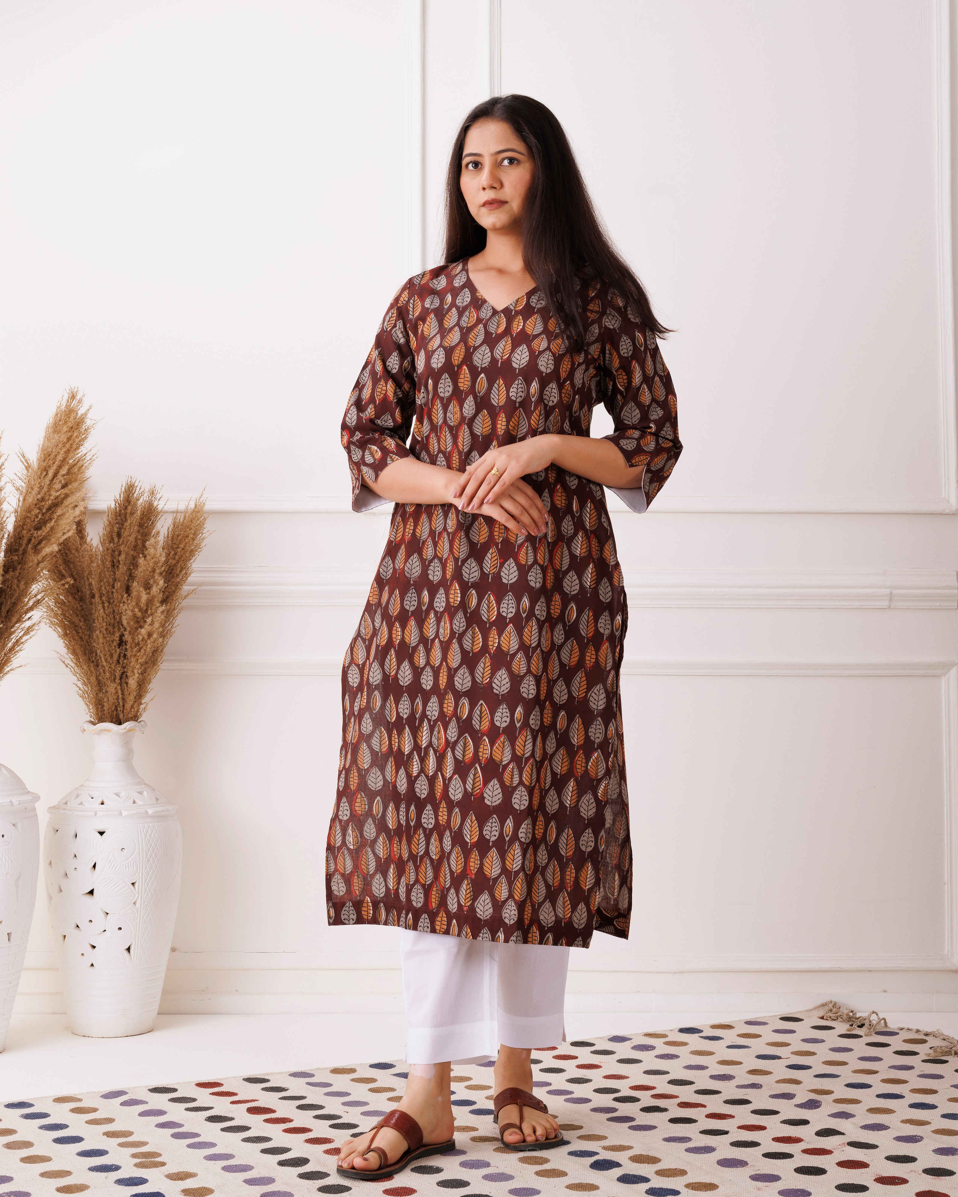 Dark Brown Leaf Handblock Printed Cotton Kurti