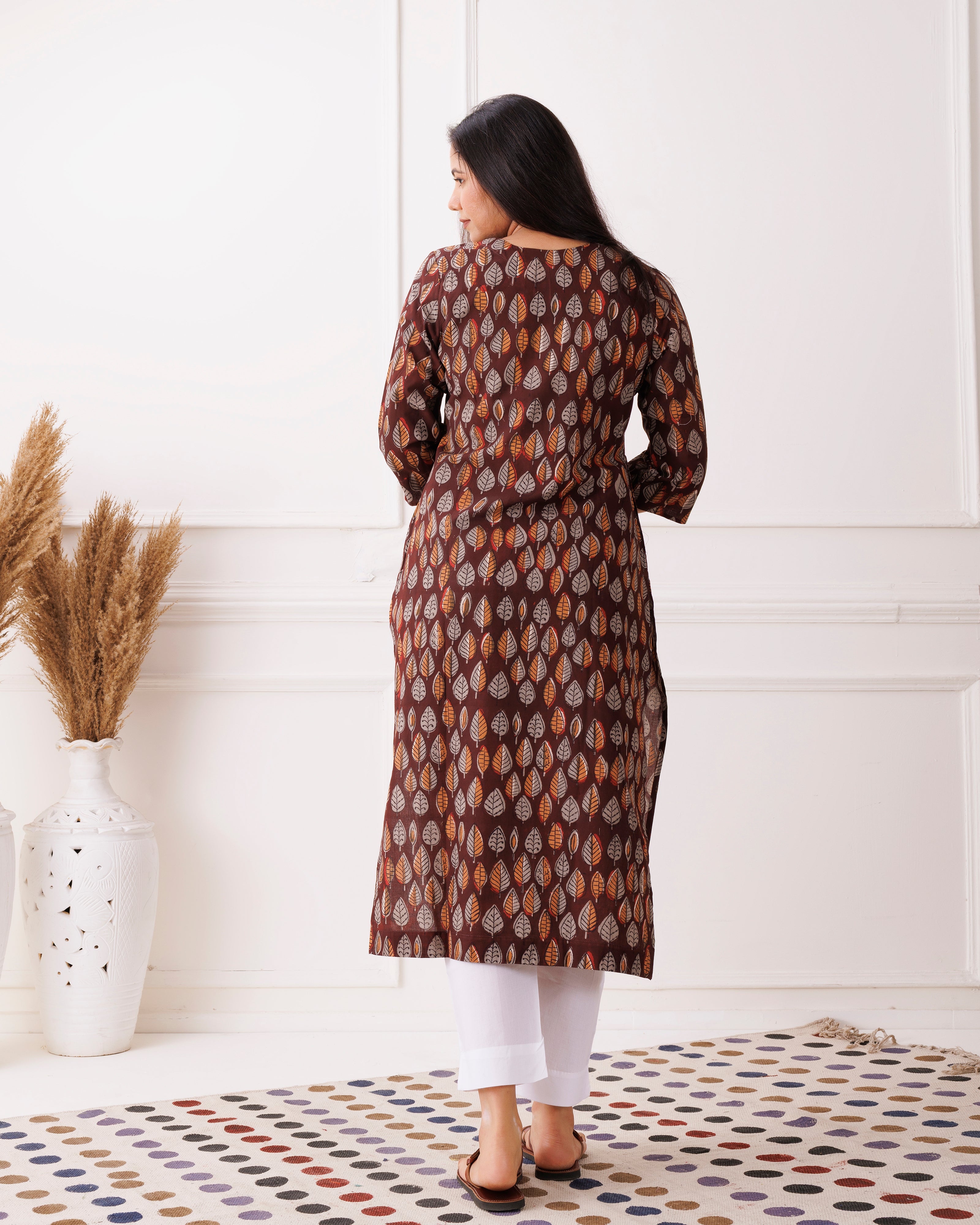 Dark Brown Leaf Handblock Printed Cotton Kurti