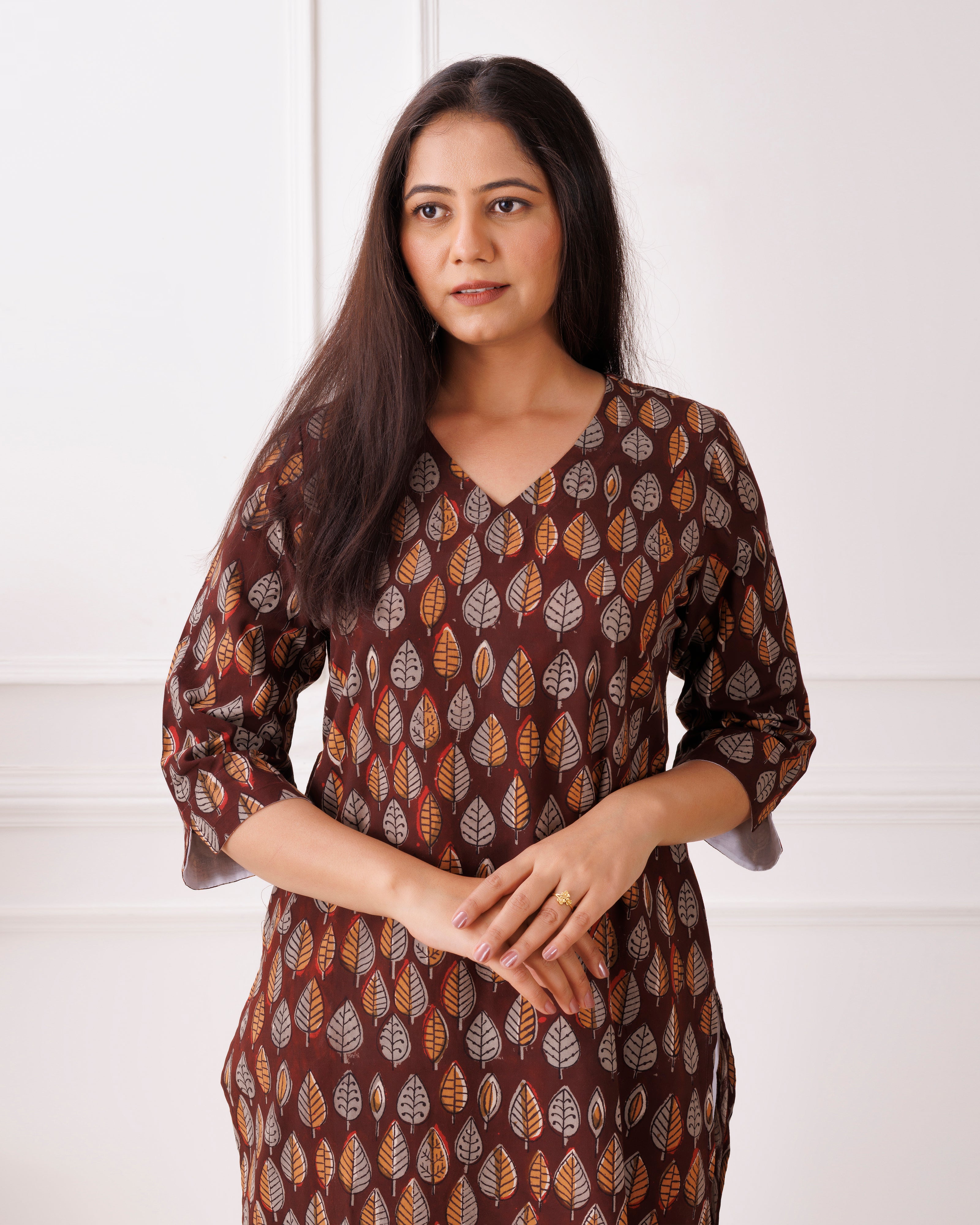 Dark Brown Leaf Handblock Printed Cotton Kurti