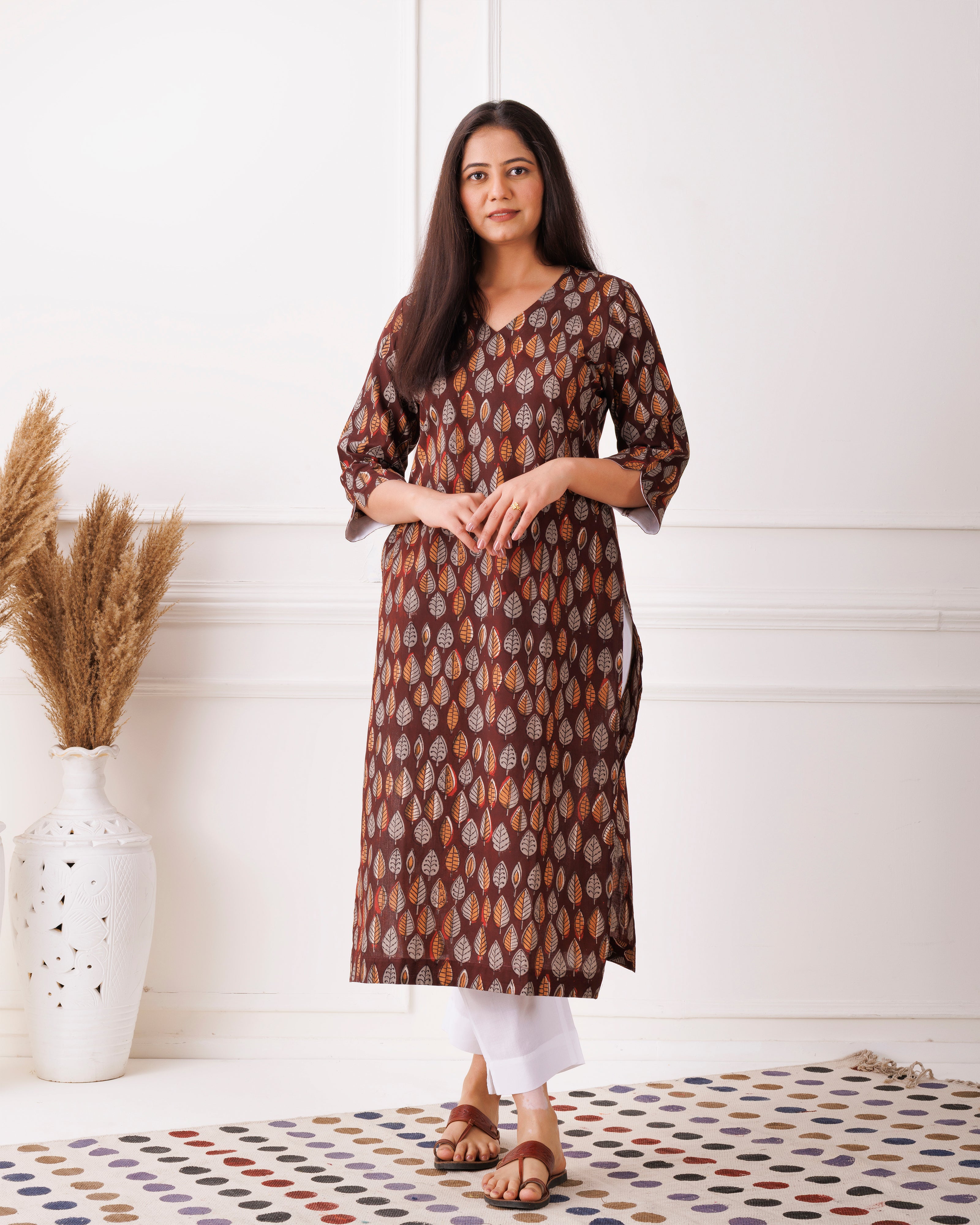 Dark Brown Leaf Handblock Printed Cotton Kurti