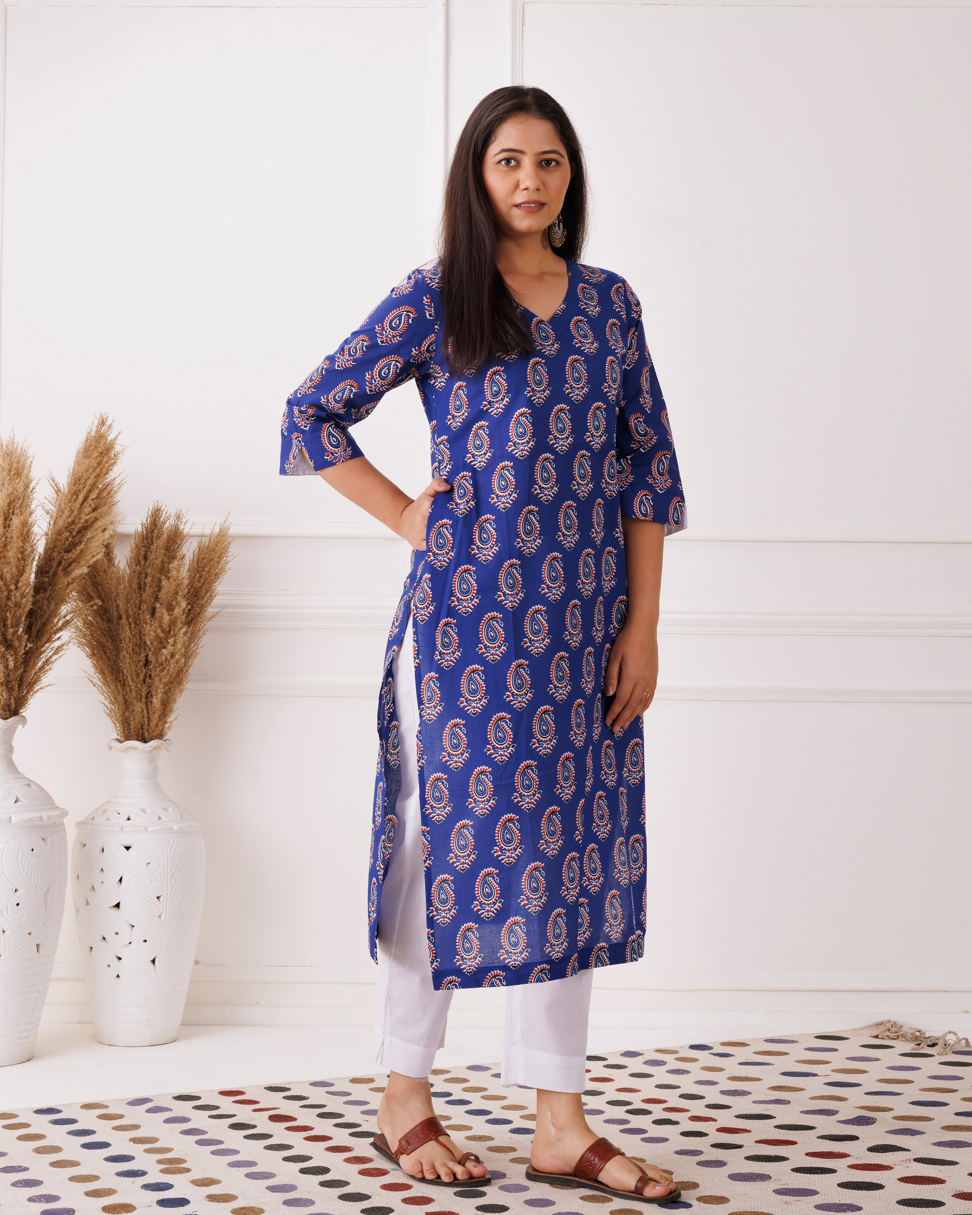 Royal Blue Paisley block Printed Cotton Kurti