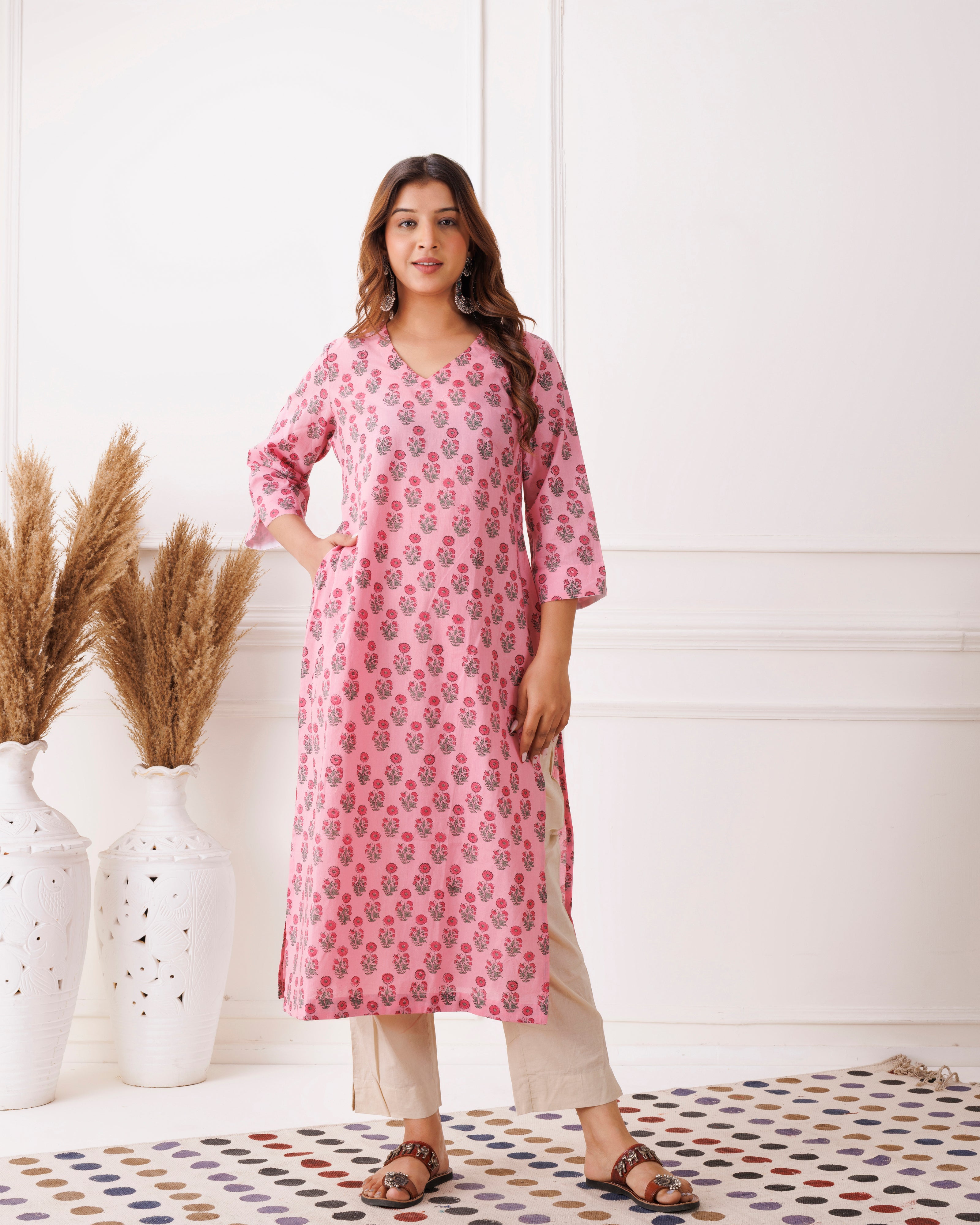 Blush Pink Floral Handblock Printed Cotton Kurti