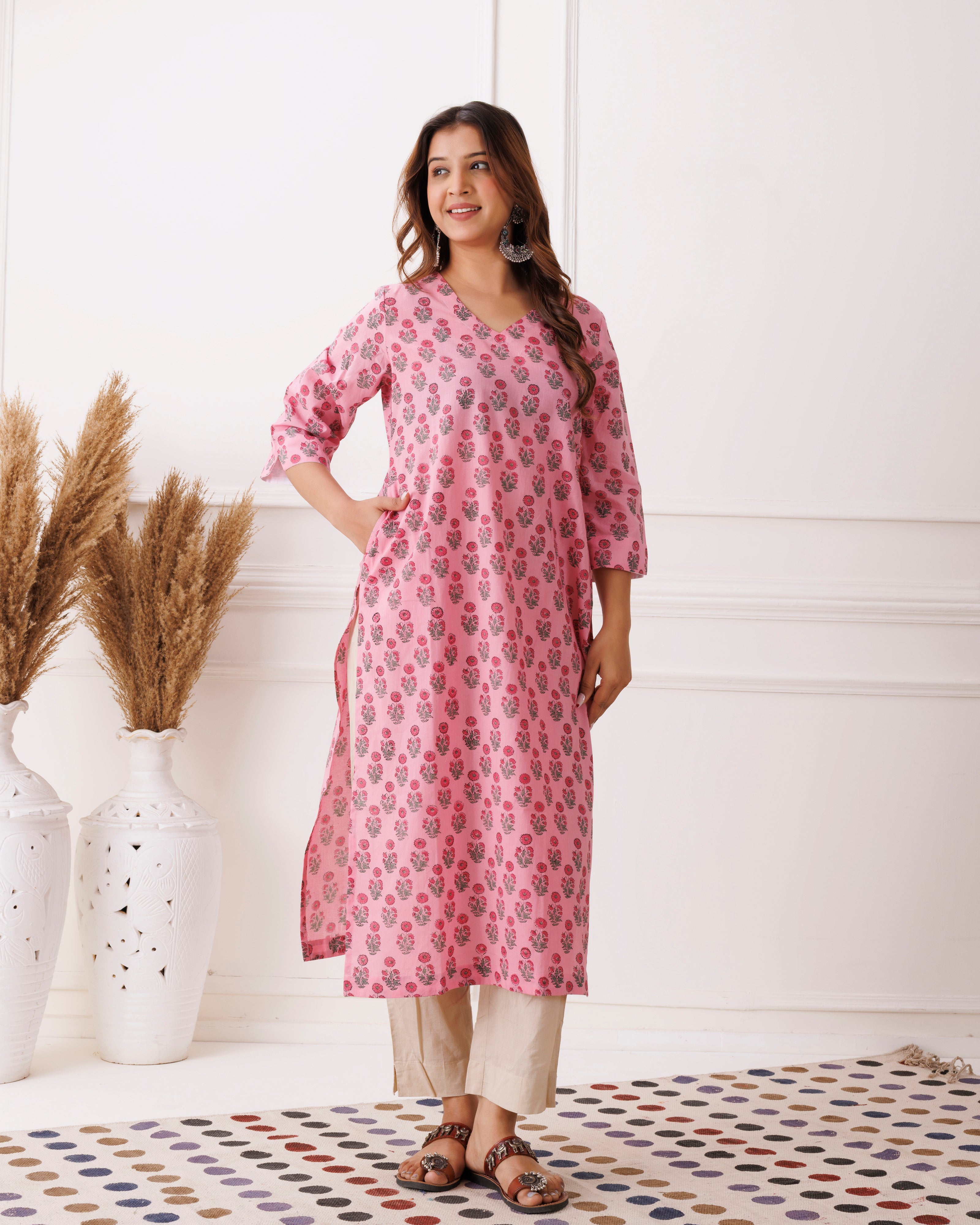Blush Pink Floral Handblock Printed Cotton Kurti