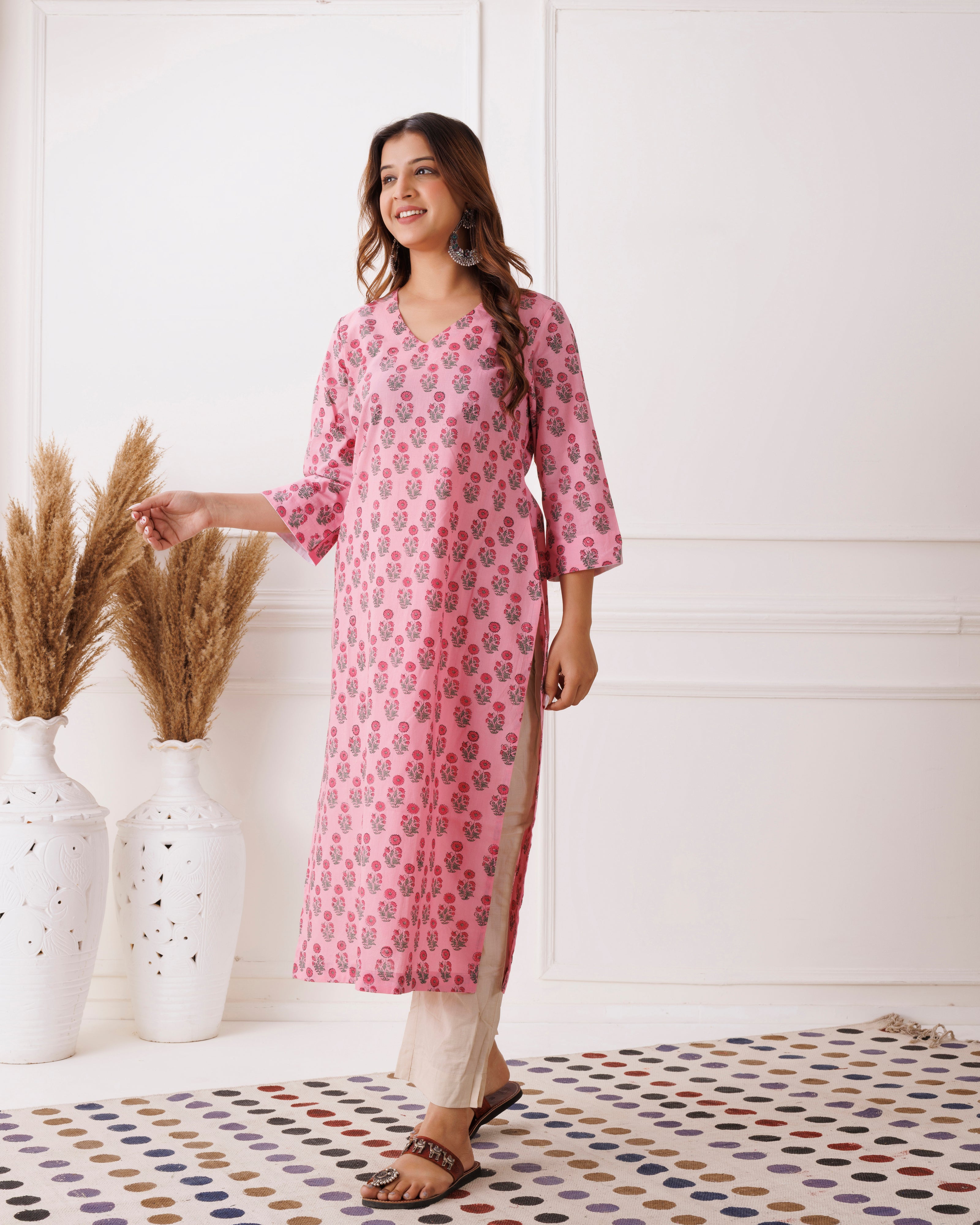 Blush Pink Floral Handblock Printed Cotton Kurti