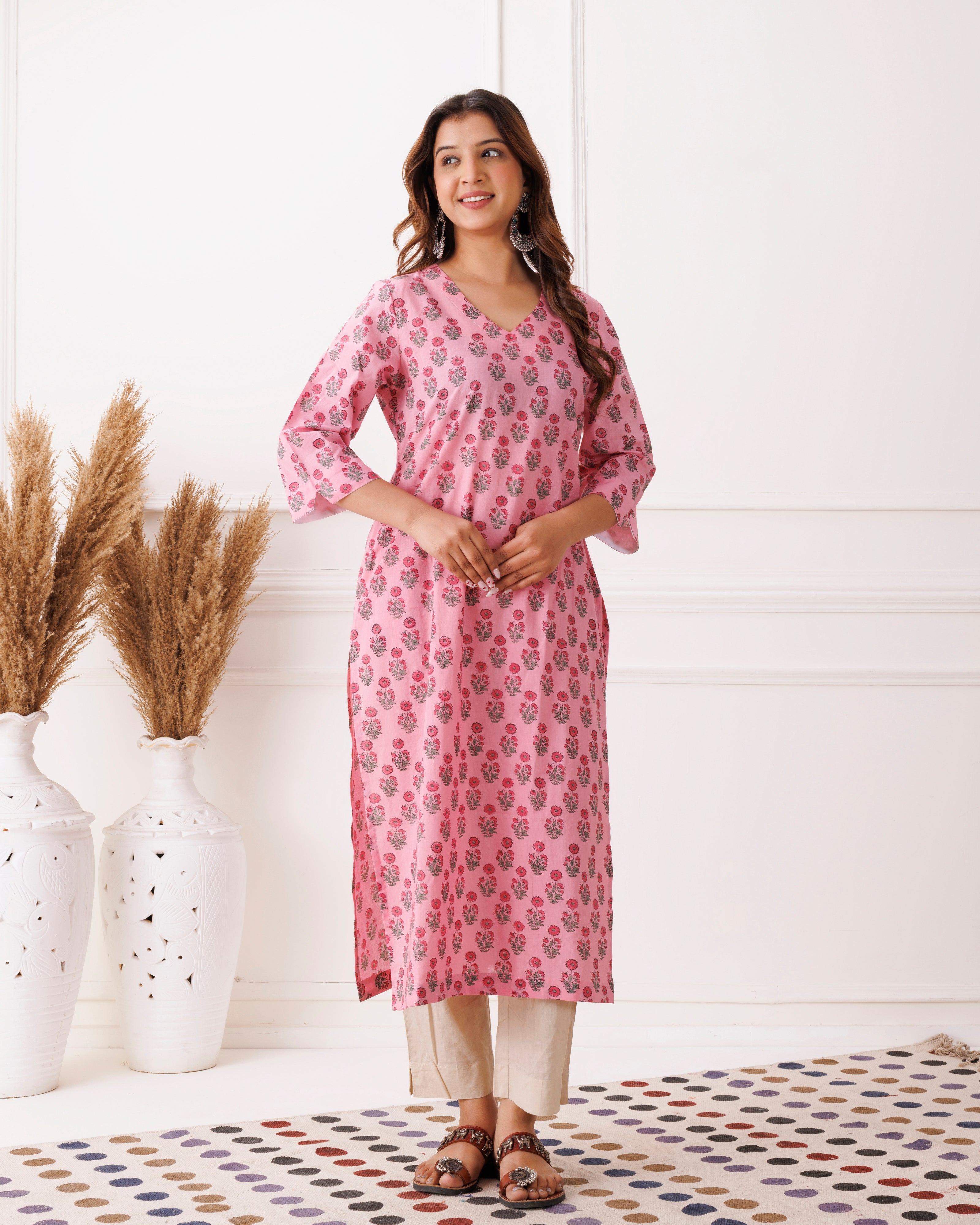 Blush Pink Floral Handblock Printed Cotton Kurti