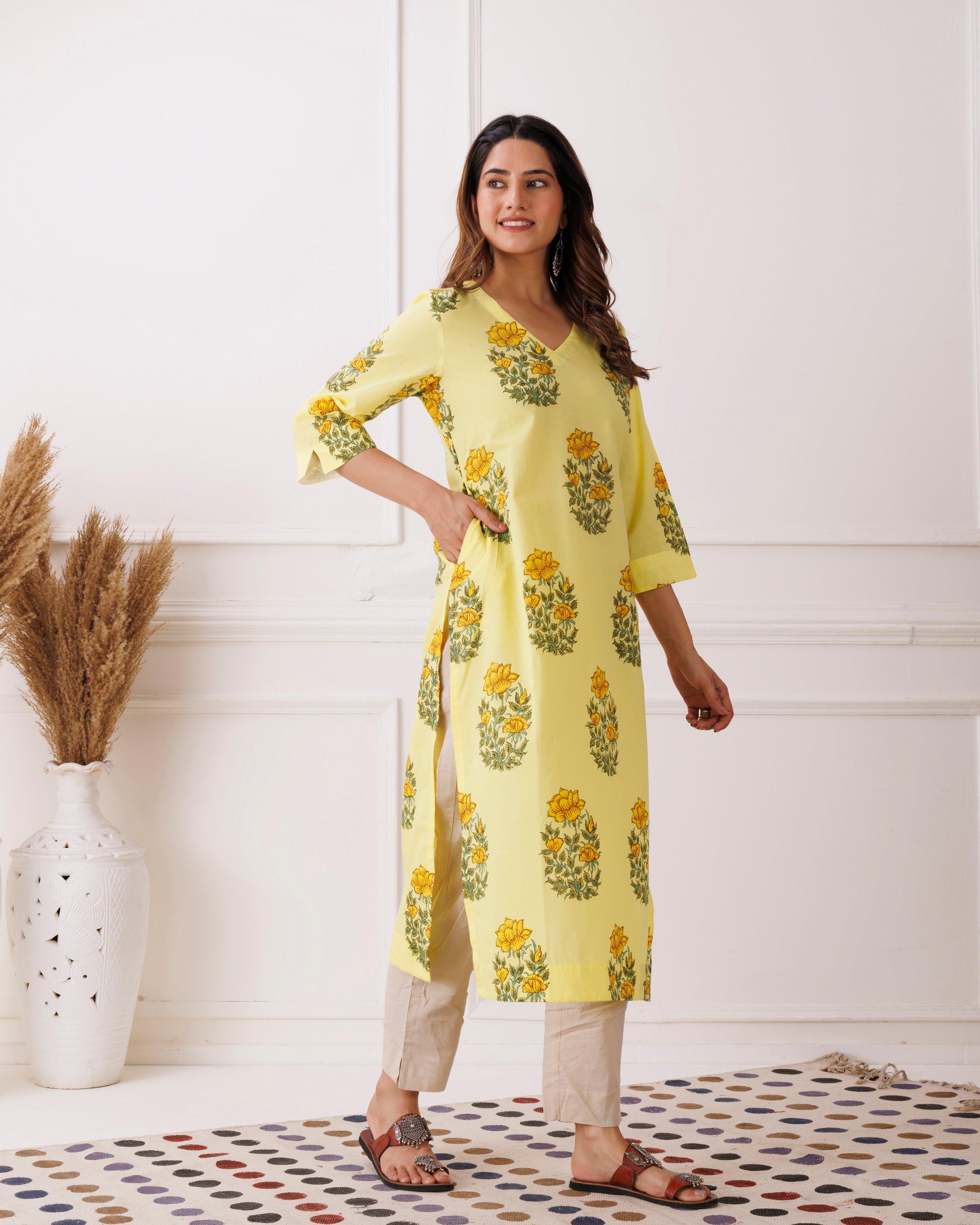 Yellow Booti Handblock Printed Cotton Kurti