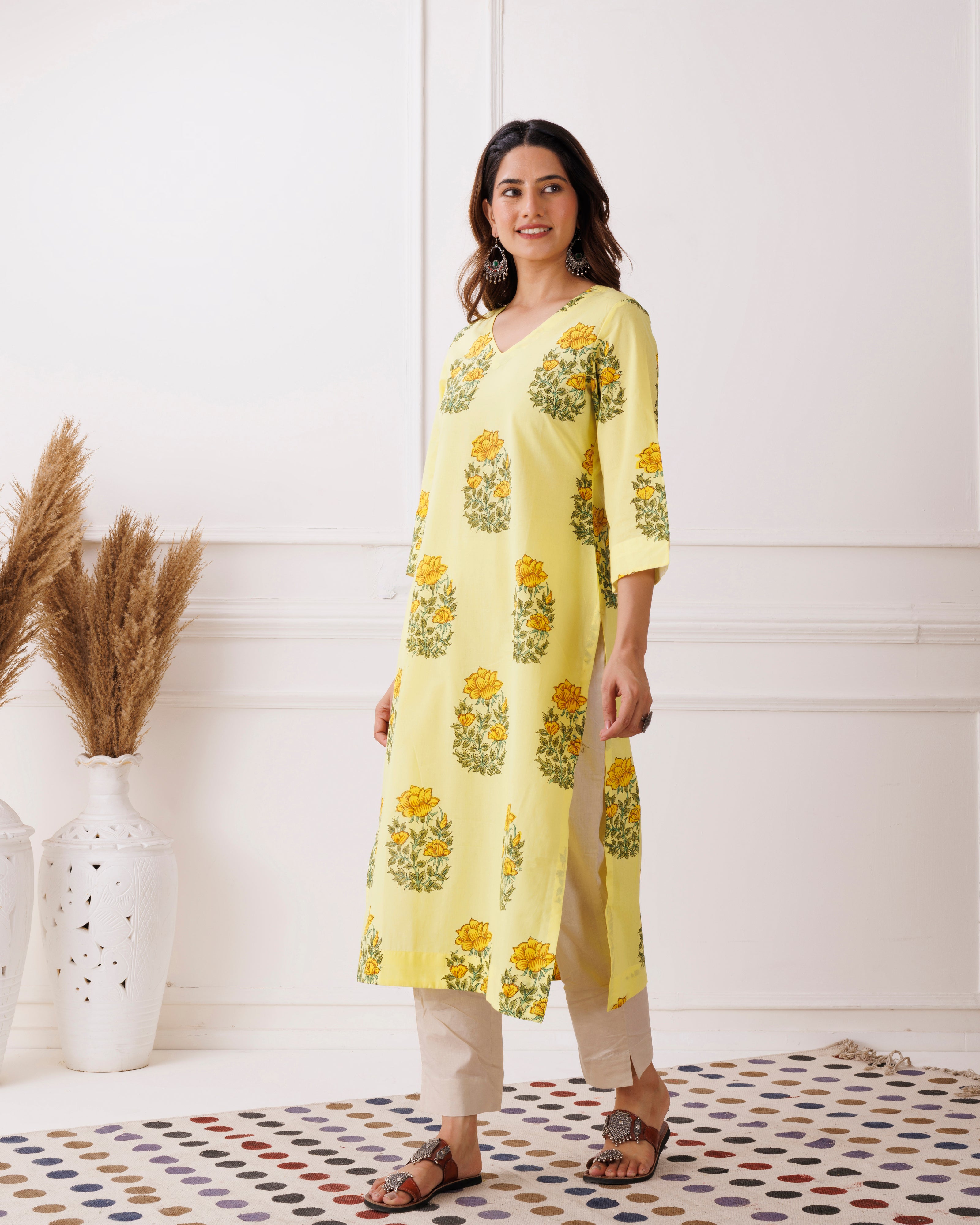 Yellow Booti Handblock Printed Cotton Kurti