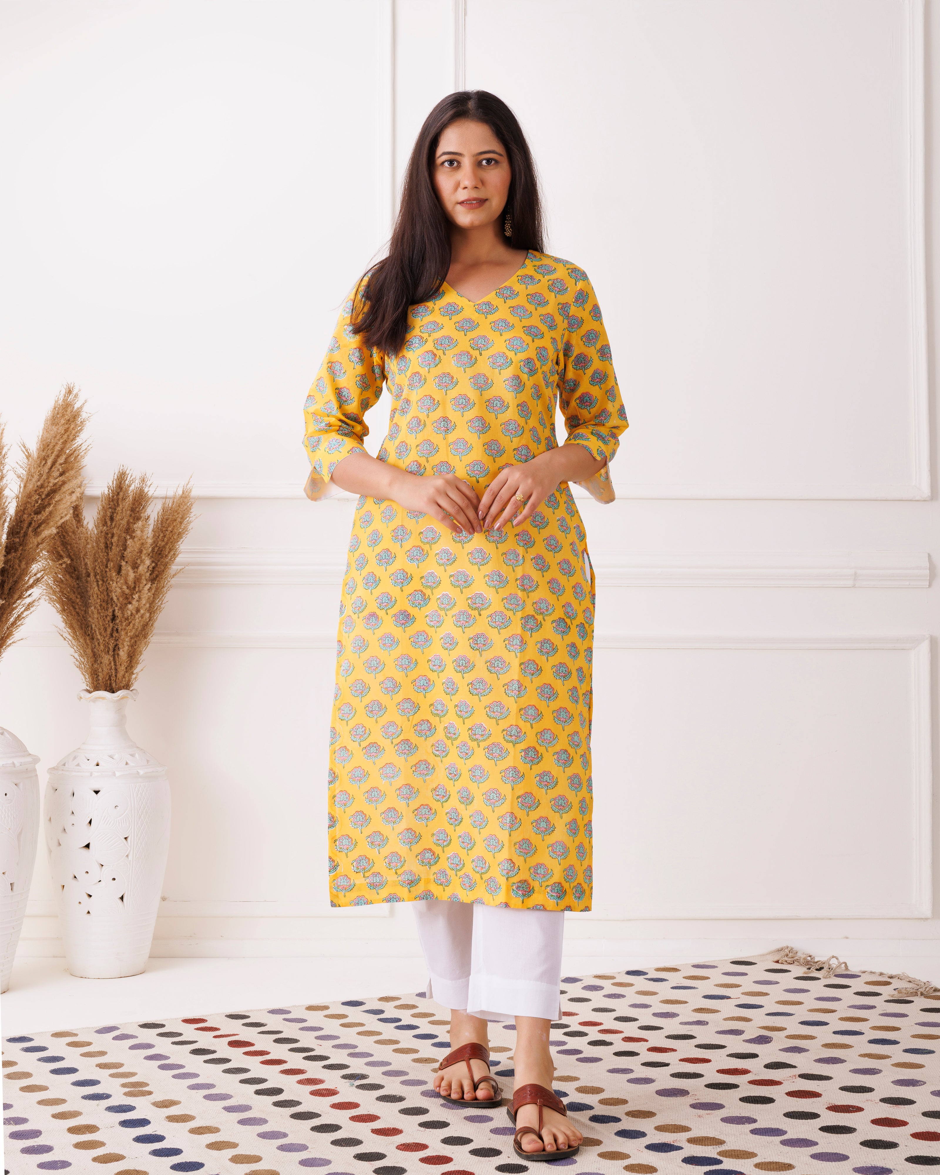 Yellow Handblock Butti Printed Cotton Kurti