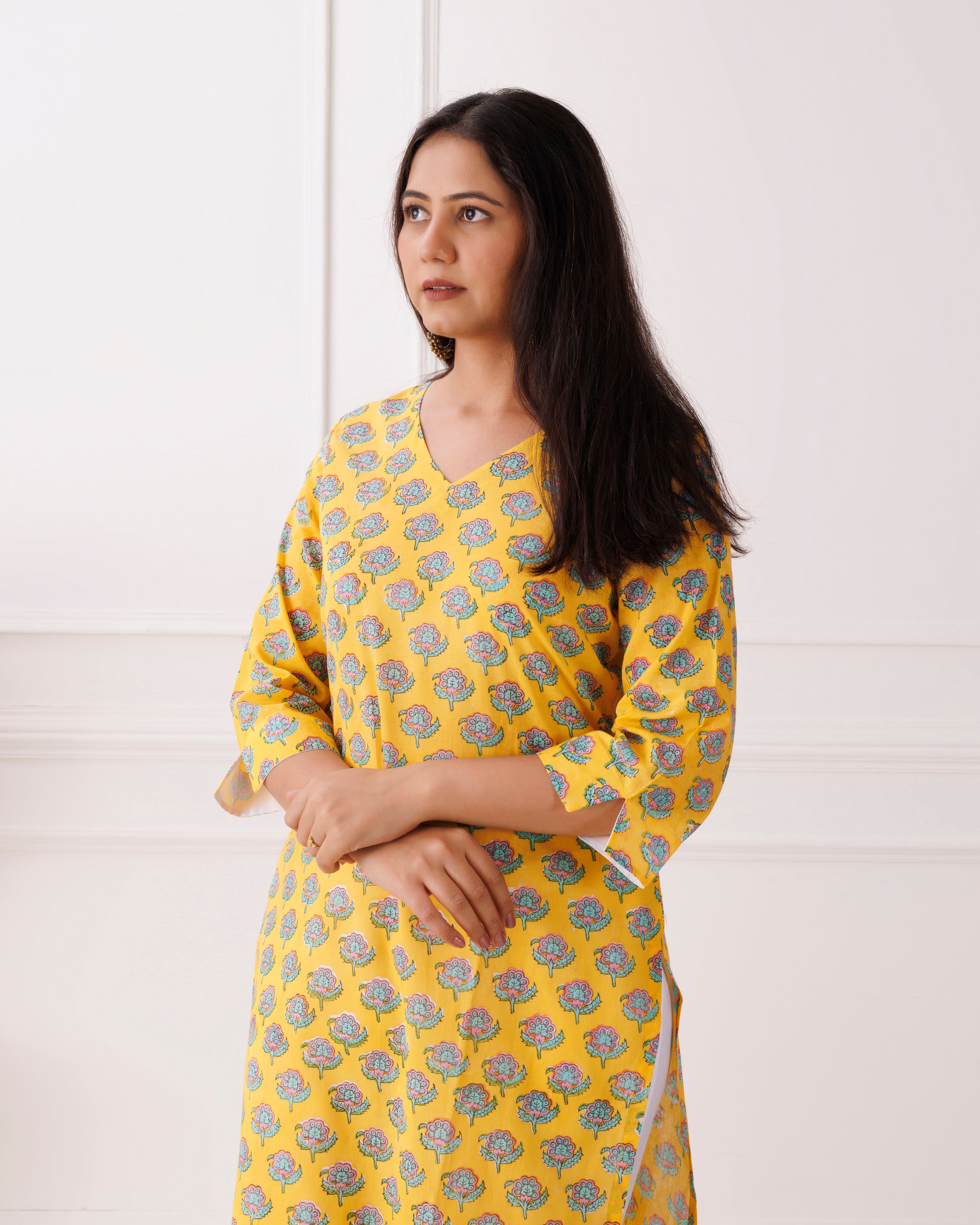 Yellow Handblock Butti Printed Cotton Kurti