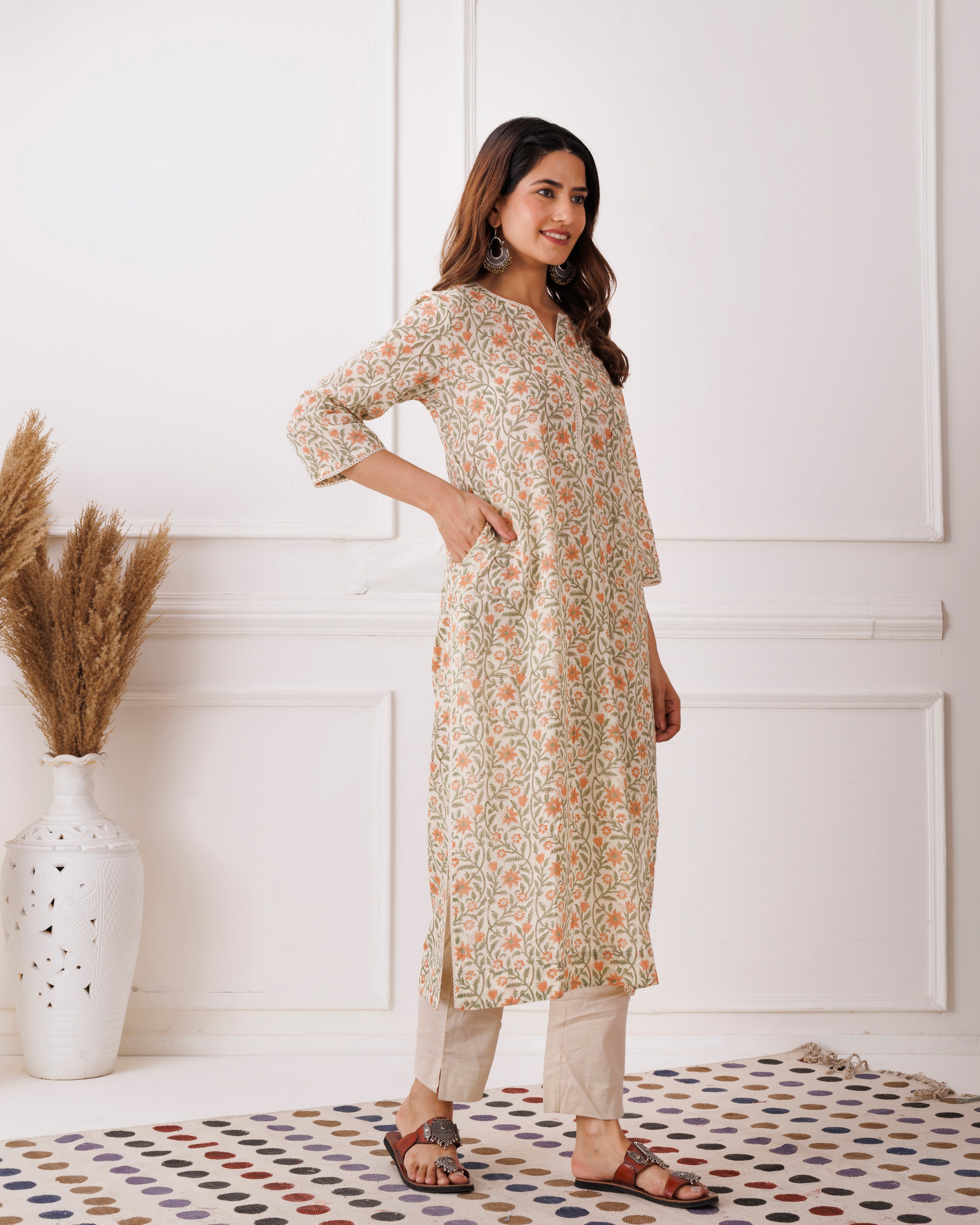 Off White Handblock Printed Cotton Kurti