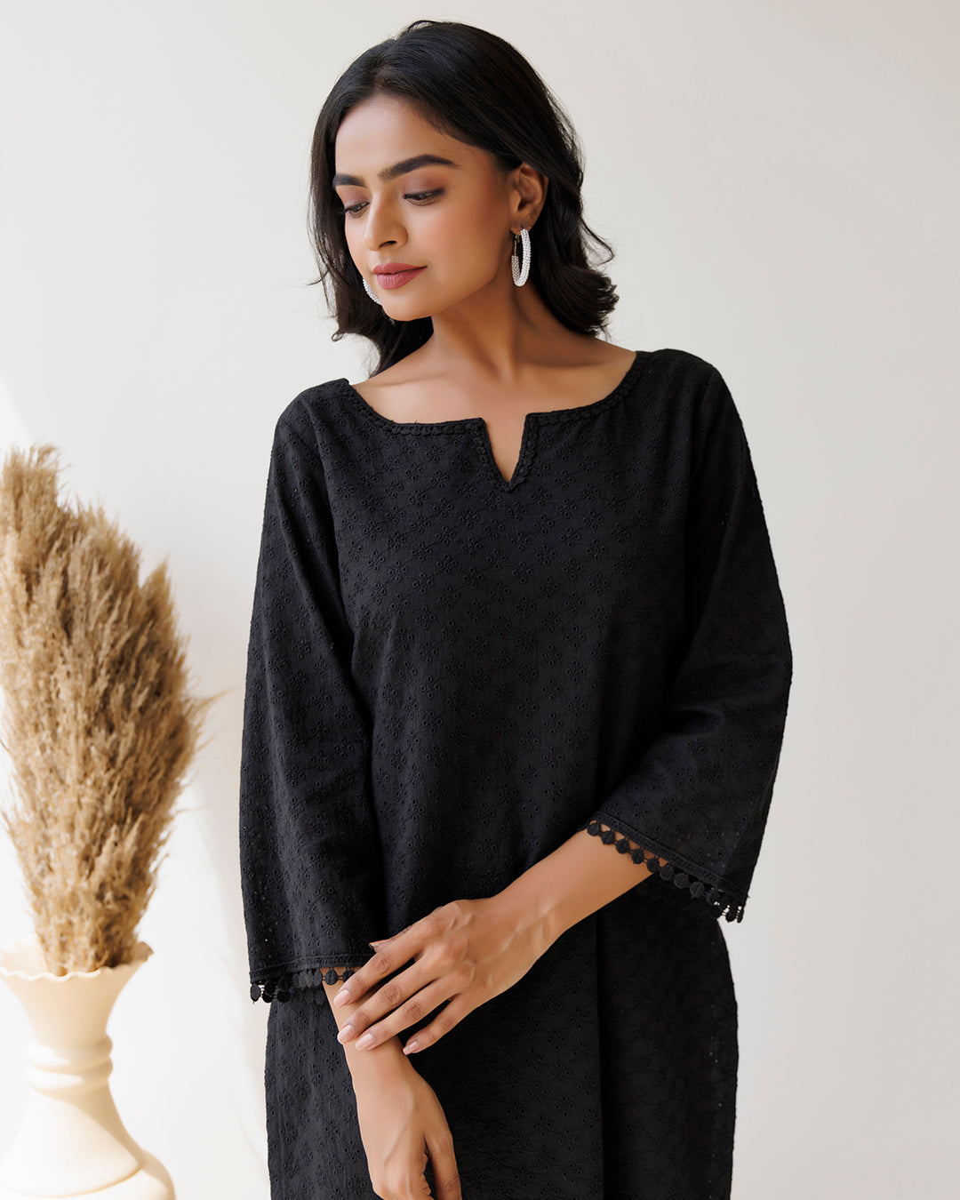 Black Schiffli Cotton Kurta & Pant Set