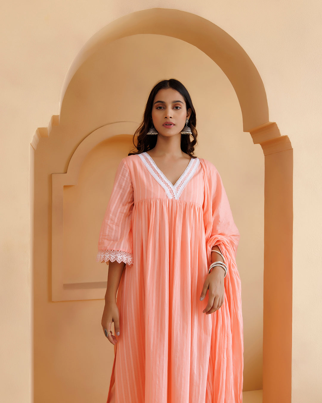 Ghazal Peach Lino Mul Gathered Lace Suit Set