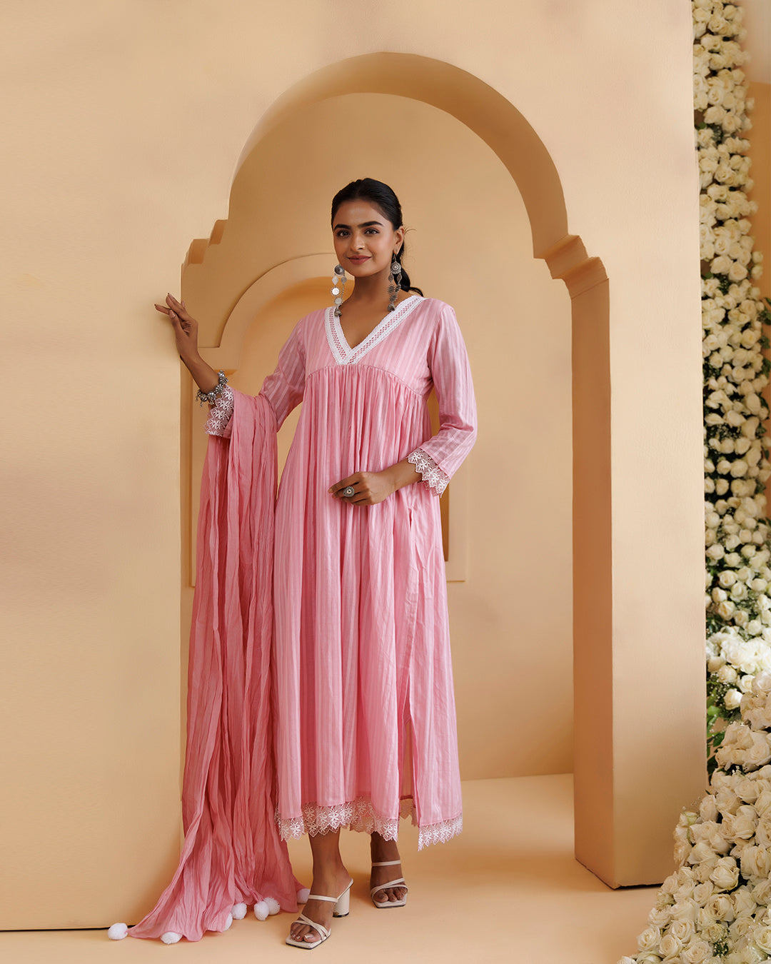 Ghazal Pink Lino Mul Gathered Lace Suit Set