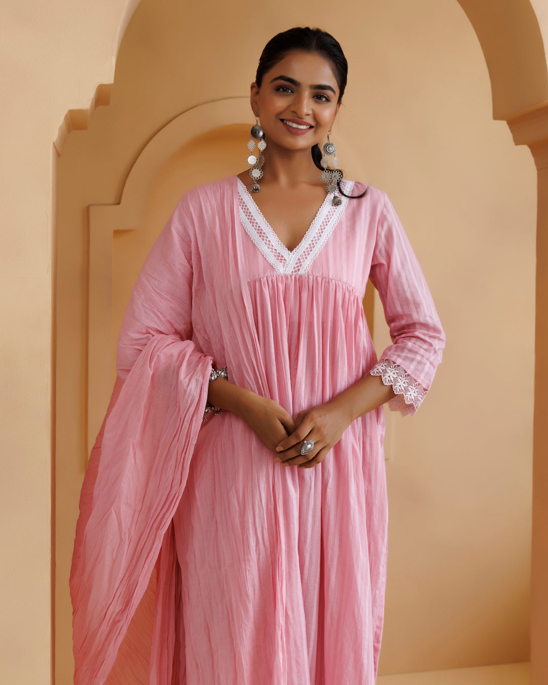 Ghazal Pink Lino Mul Gathered Lace Suit Set