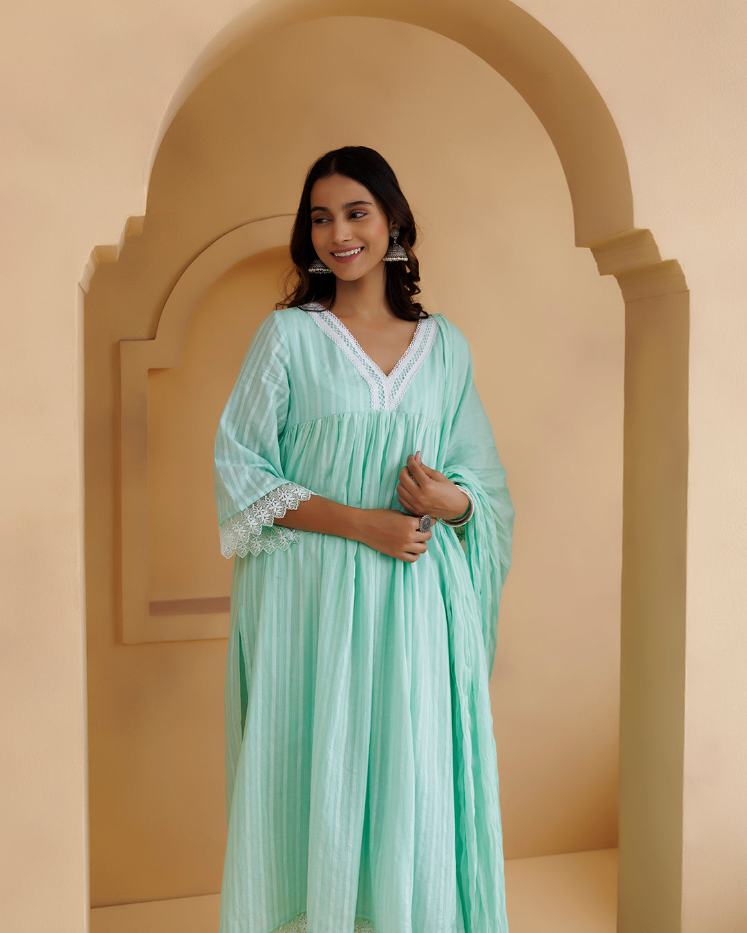 Ghazal Sea Green Lino Mul Gathered Lace Suit Set
