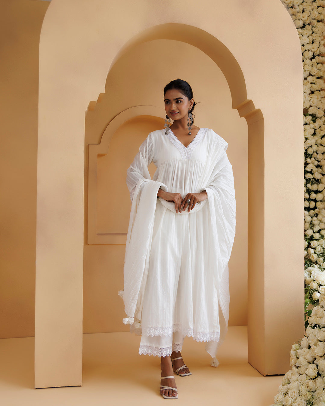 Ghazal White Lino Mul Gathered Lace Suit Set