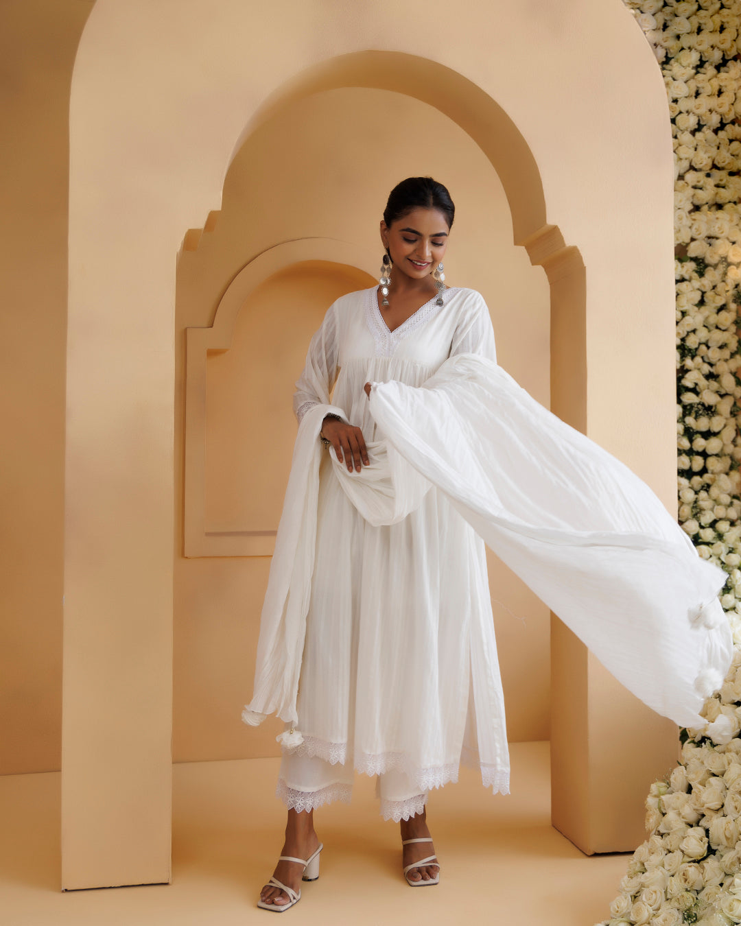Ghazal White Lino Mul Gathered Lace Suit Set