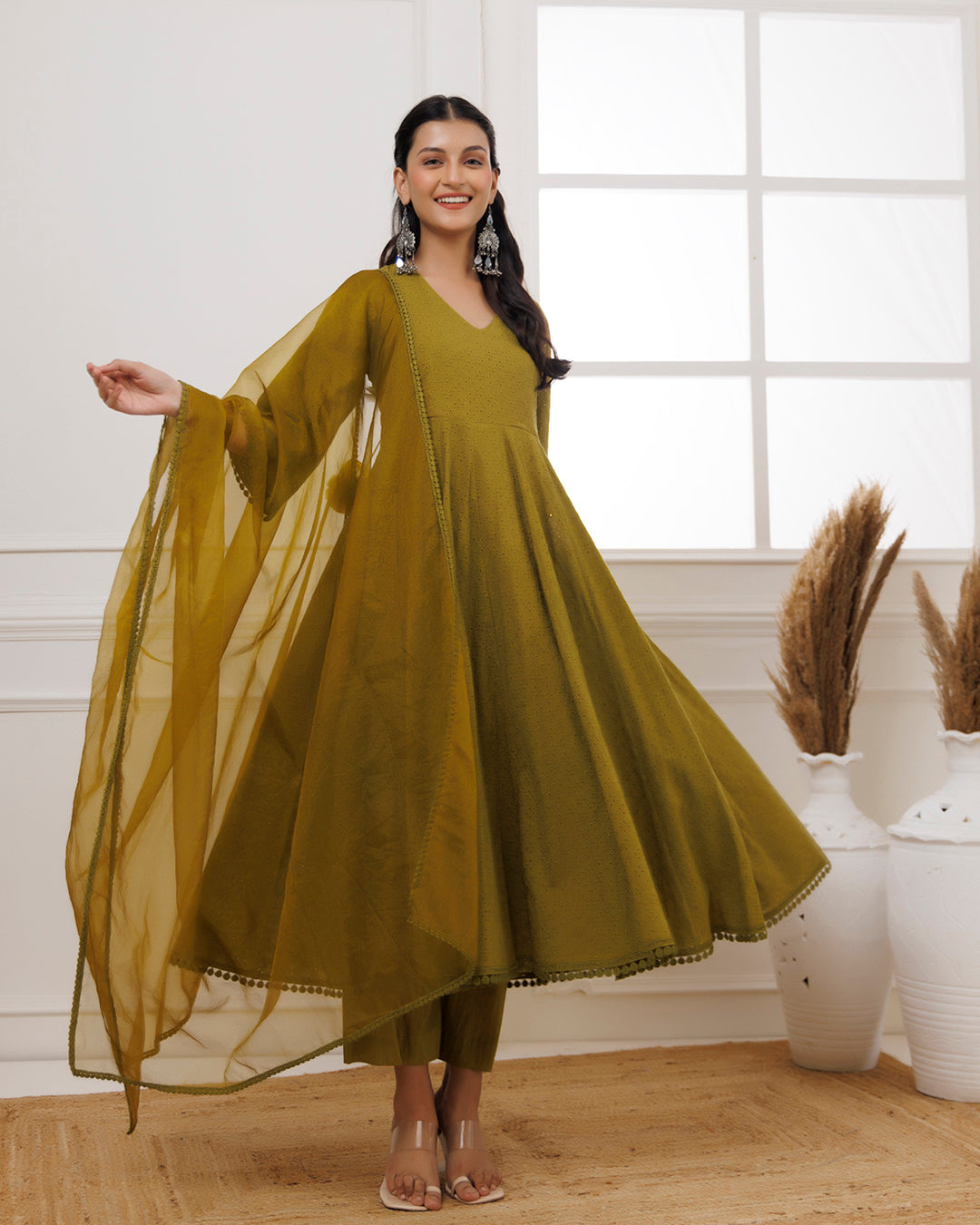 Olive Green Schiffili Anarkali Suit