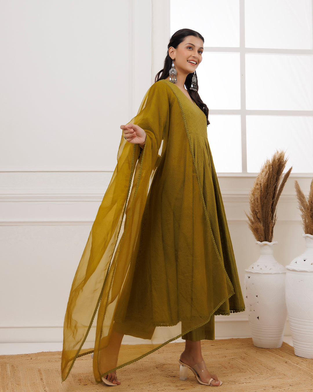 Olive Green Schiffili Anarkali Suit