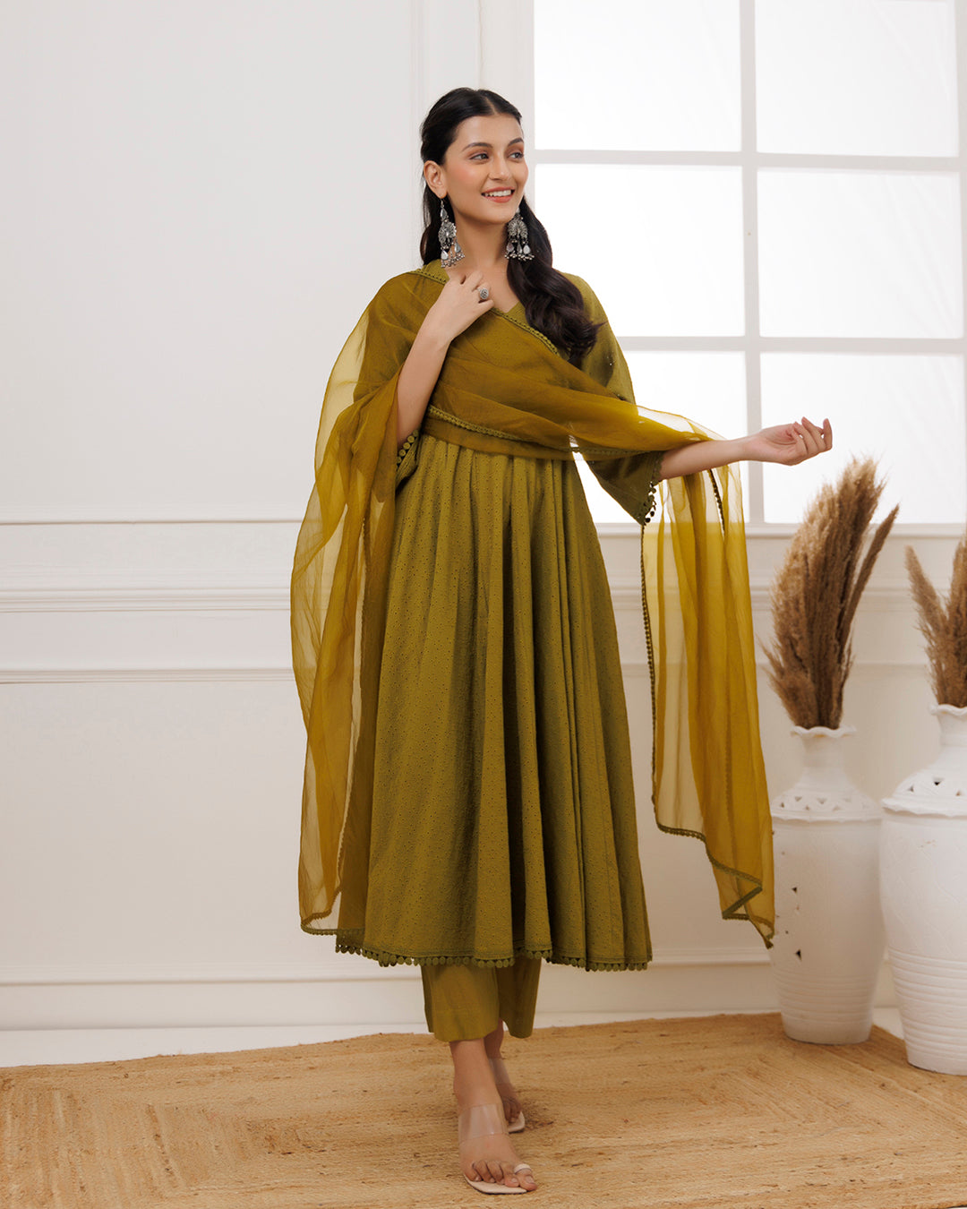 Olive Green Schiffili Anarkali Suit