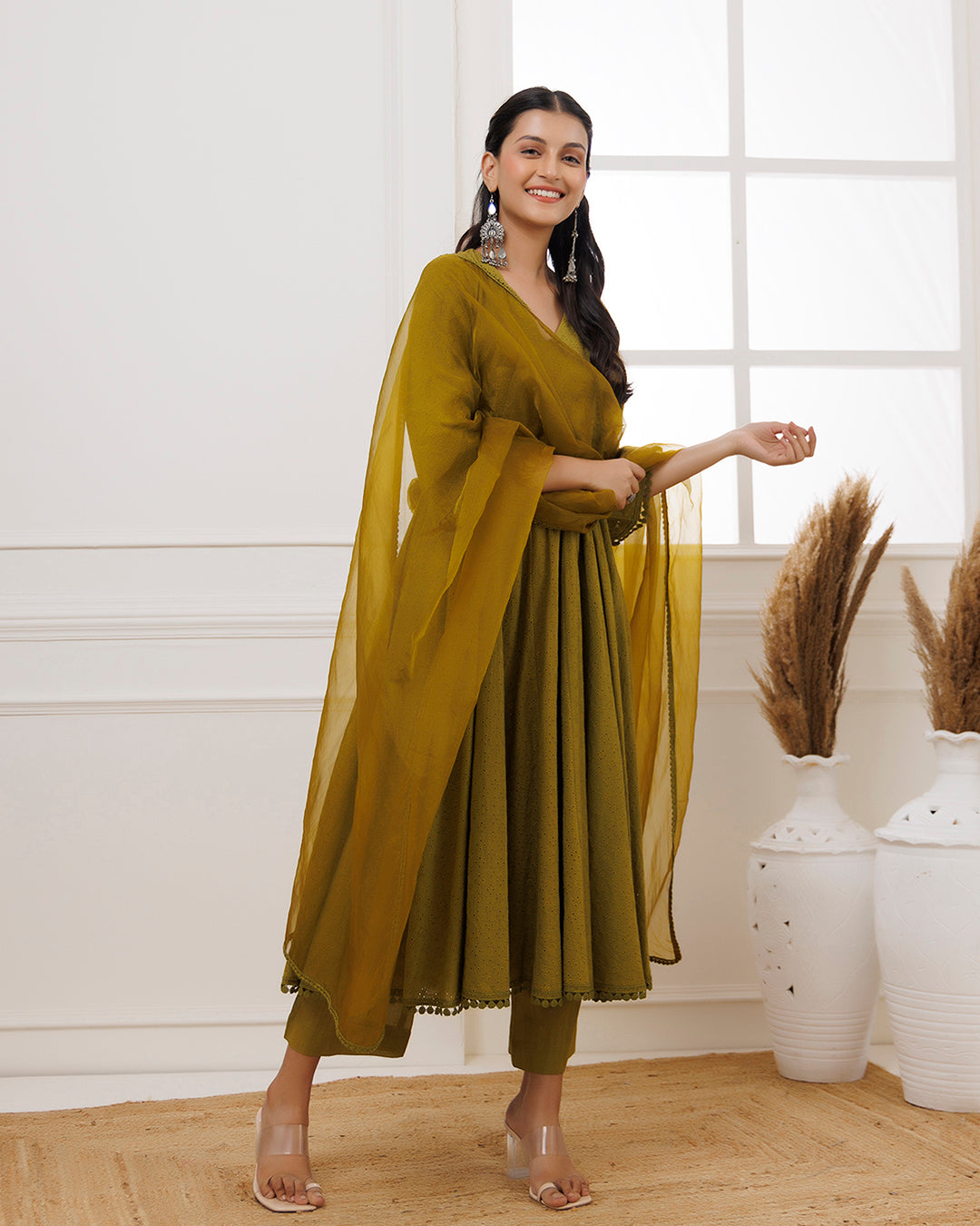 Olive Green Schiffili Anarkali Suit